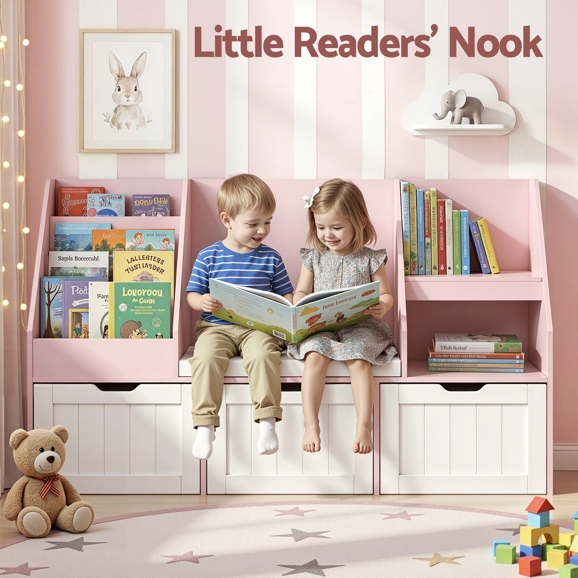 Kids Bookshelf Storage Organiser Toy Box Drawer Bench Seat Cabinet Pink