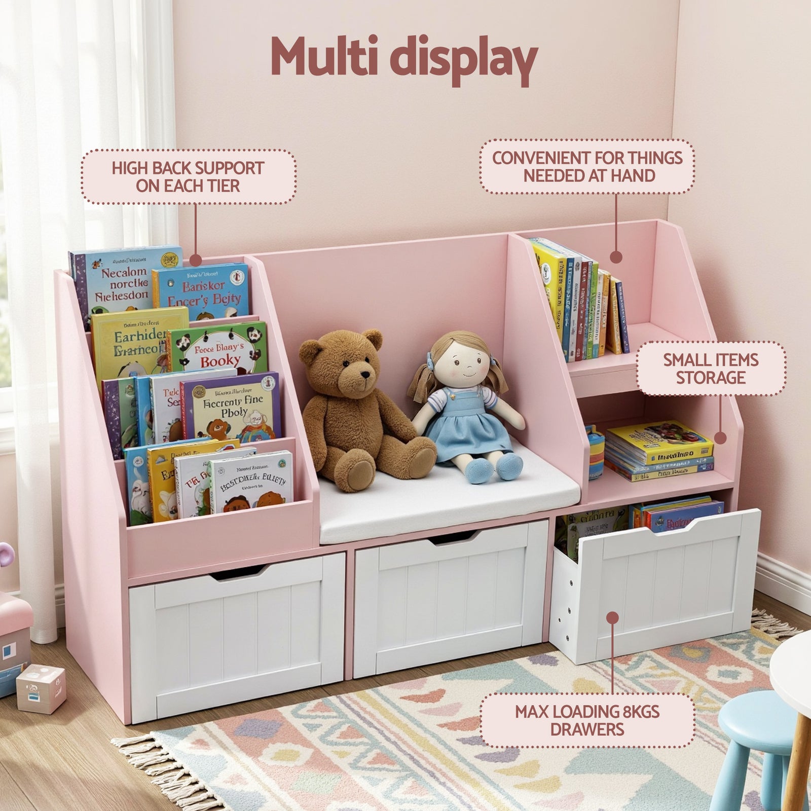 Kids Bookshelf Storage Organiser Toy Box Drawer Bench Seat Cabinet Pink