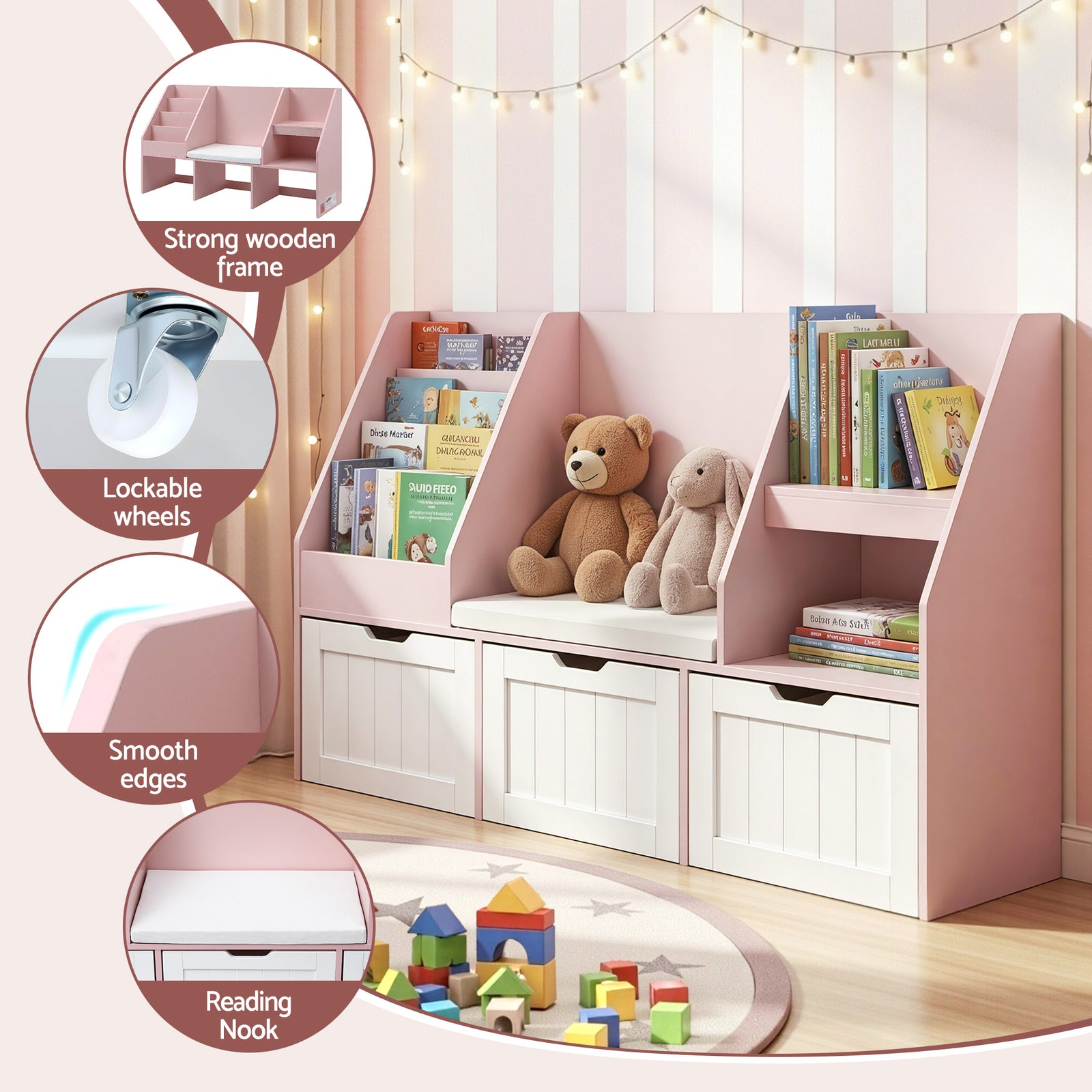 Kids Bookshelf Storage Organiser Toy Box Drawer Bench Seat Cabinet Pink