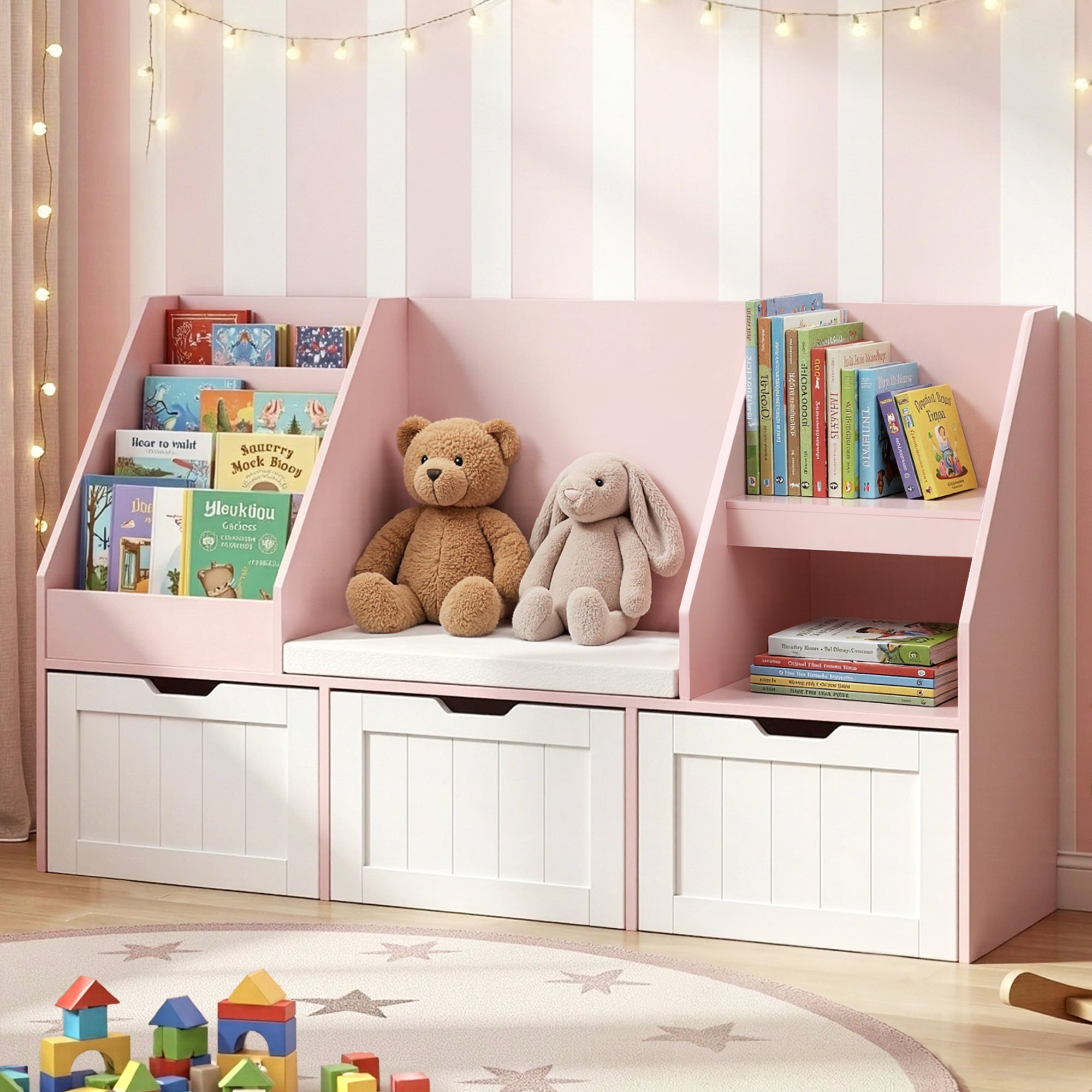 Kids Bookshelf Storage Organiser Toy Box Drawer Bench Seat Cabinet Pink