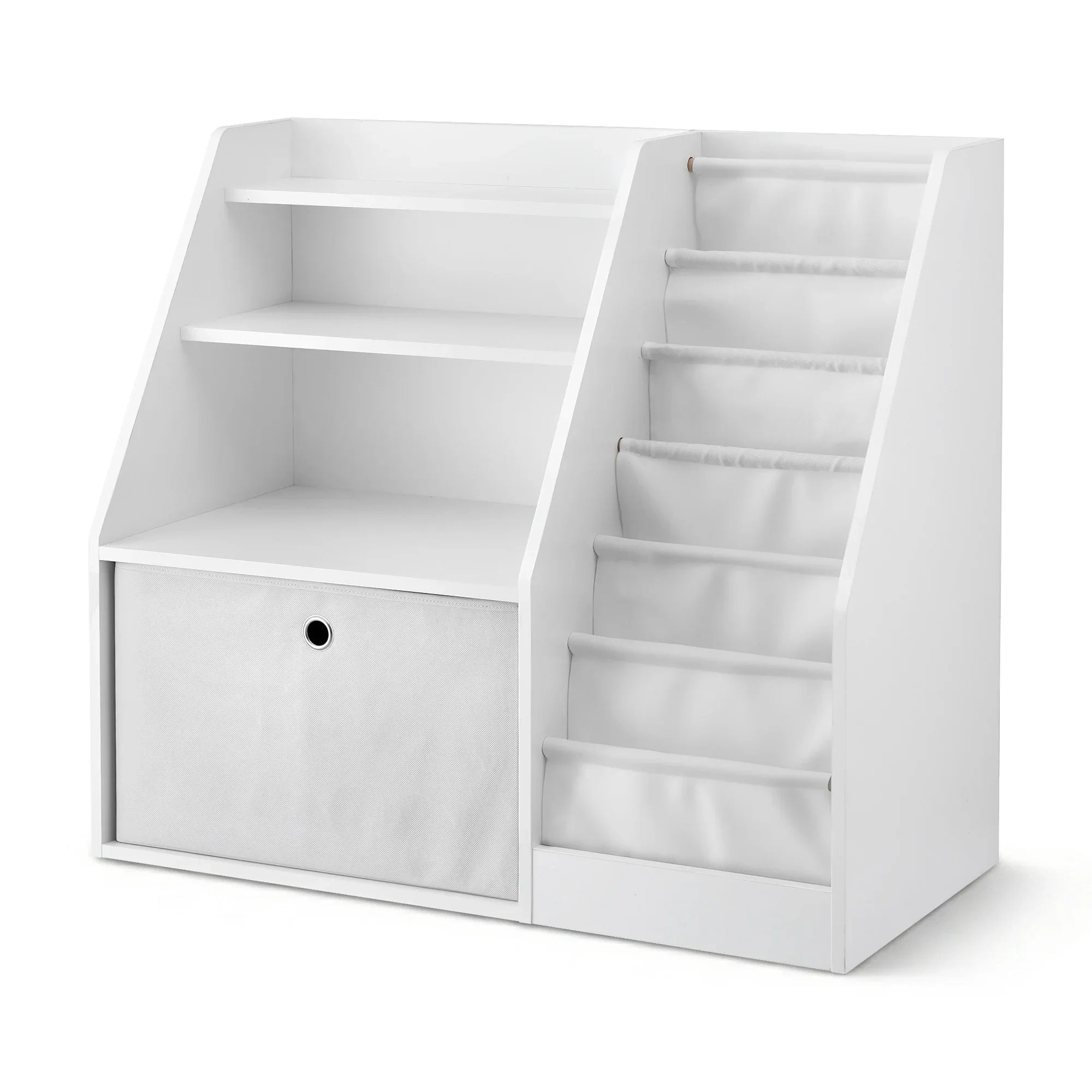 Kids Bookshelf & Storage Organizer – 3‑in‑1 Sling Shelves + Drawer, White