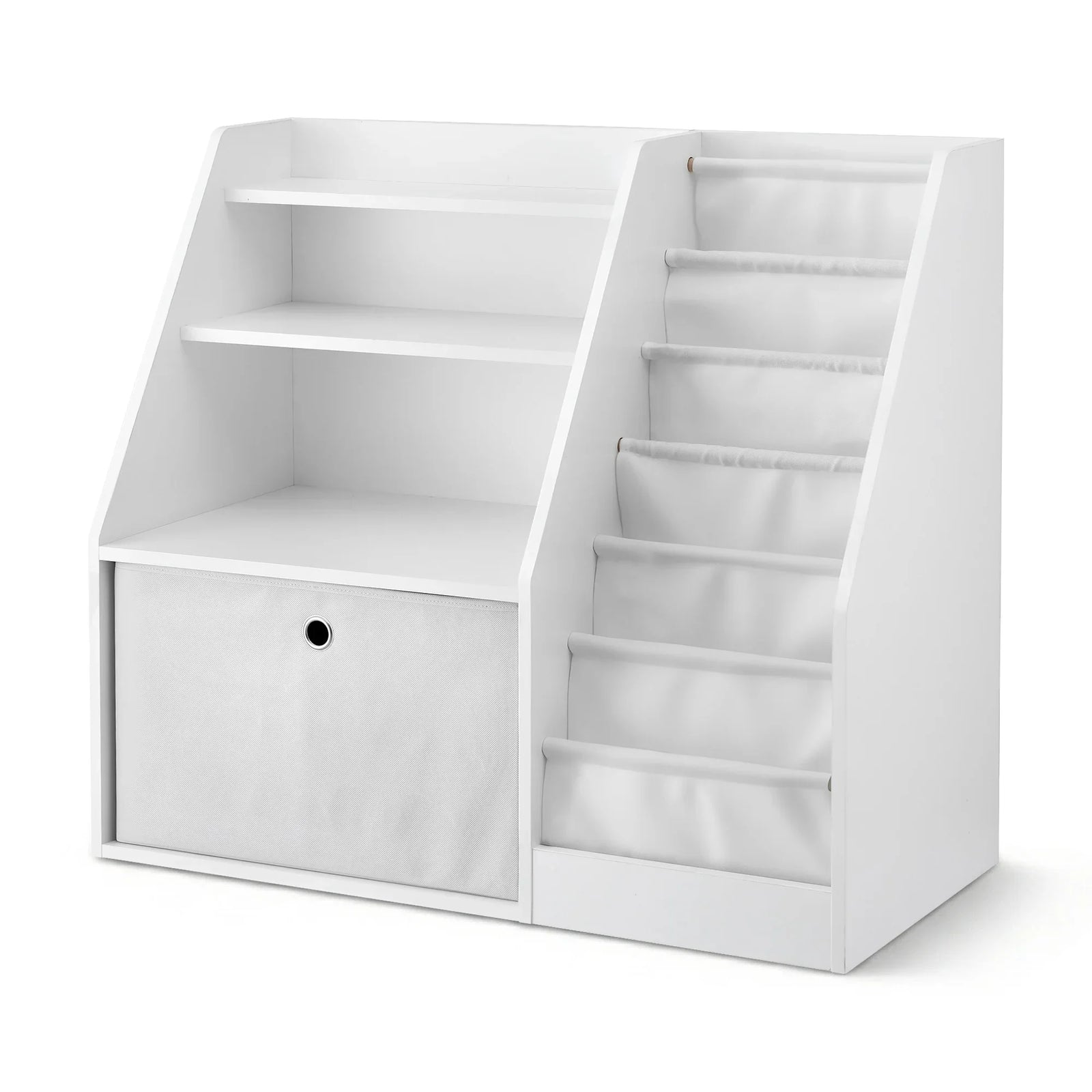 Kids Bookshelf & Storage Organizer – 3‑in‑1 Sling Shelves + Drawer, White