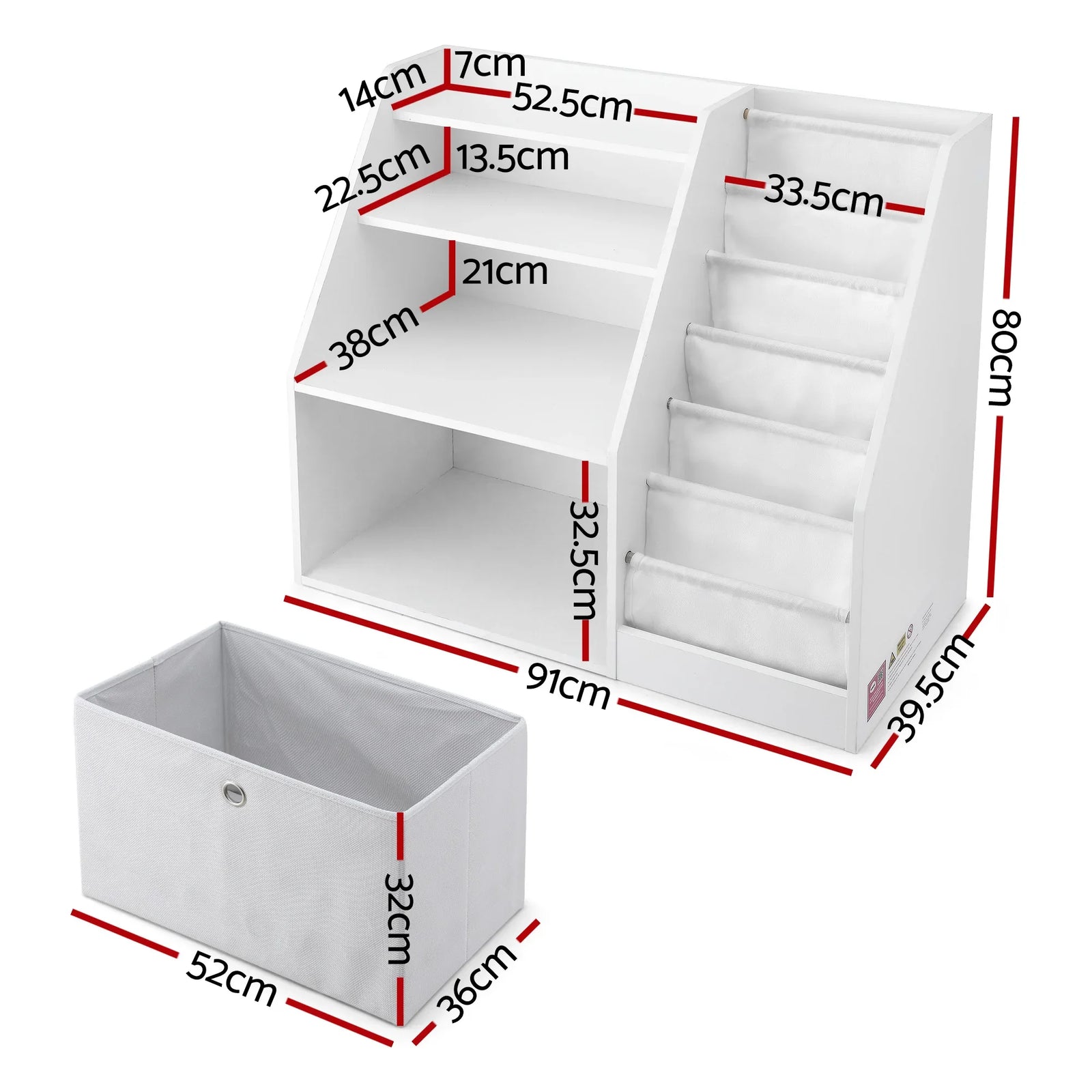Kids Bookshelf & Storage Organizer – 3‑in‑1 Sling Shelves + Drawer, White