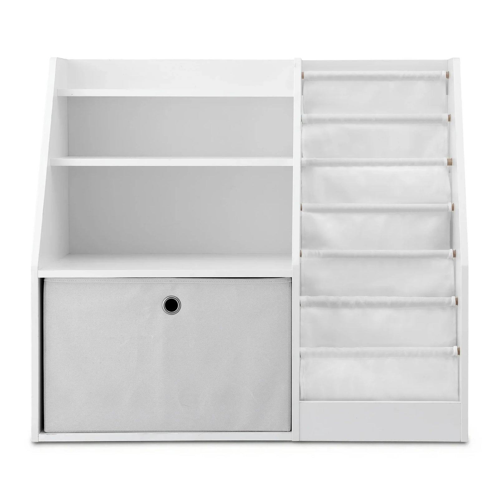 Kids Bookshelf & Storage Organizer – 3‑in‑1 Sling Shelves + Drawer, White