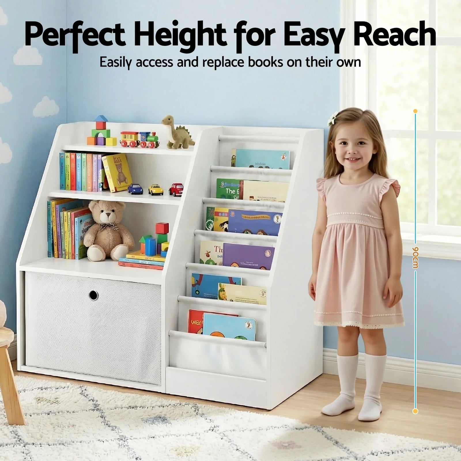 Kids Bookshelf & Storage Organizer – 3‑in‑1 Sling Shelves + Drawer, White