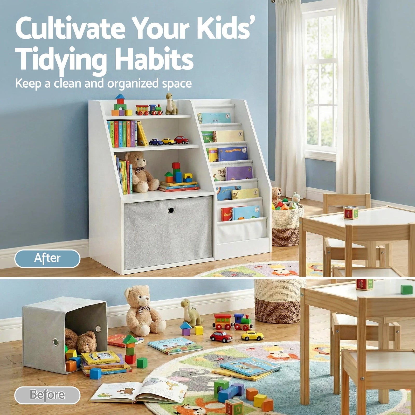 Kids Bookshelf & Storage Organizer – 3‑in‑1 Sling Shelves + Drawer, White