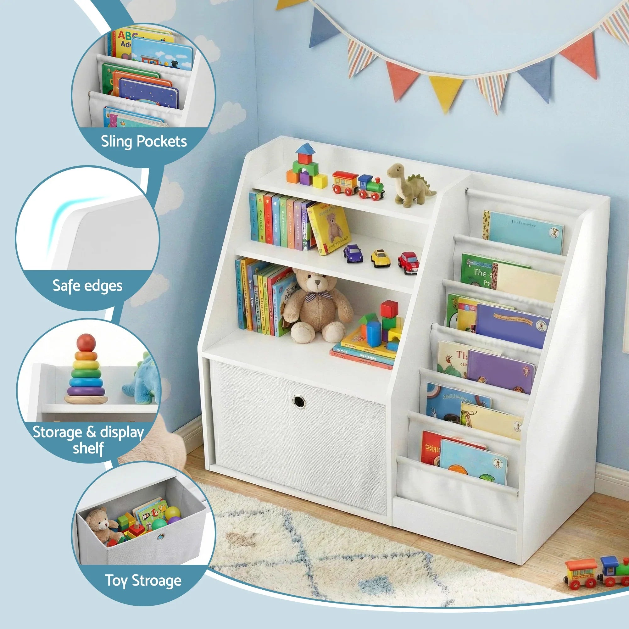 Kids Bookshelf & Storage Organizer – 3‑in‑1 Sling Shelves + Drawer, White