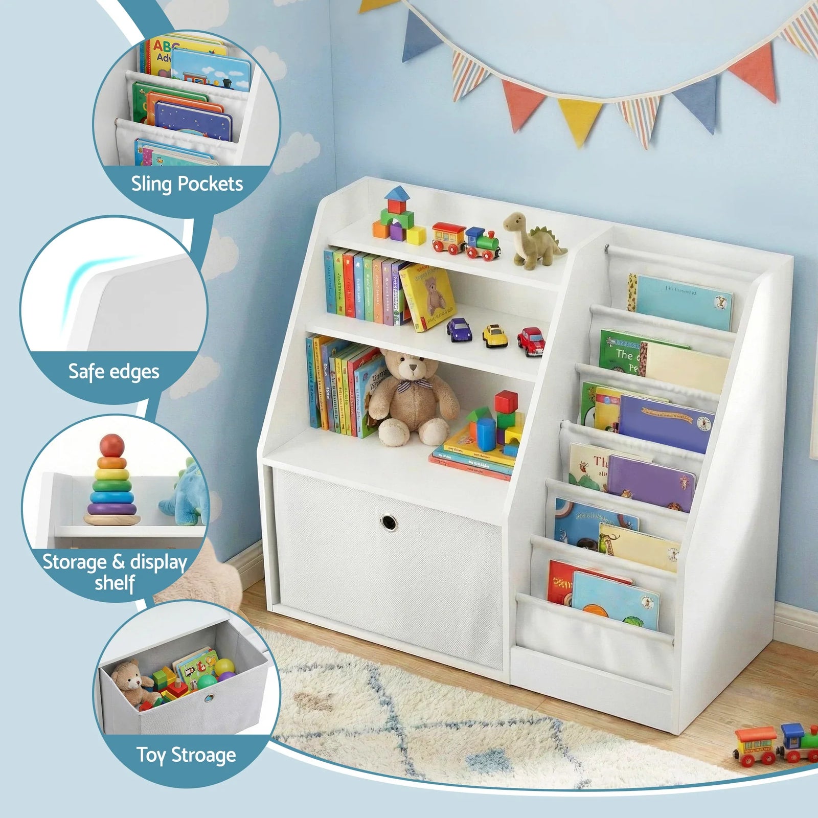 Kids Bookshelf & Storage Organizer – 3‑in‑1 Sling Shelves + Drawer, White
