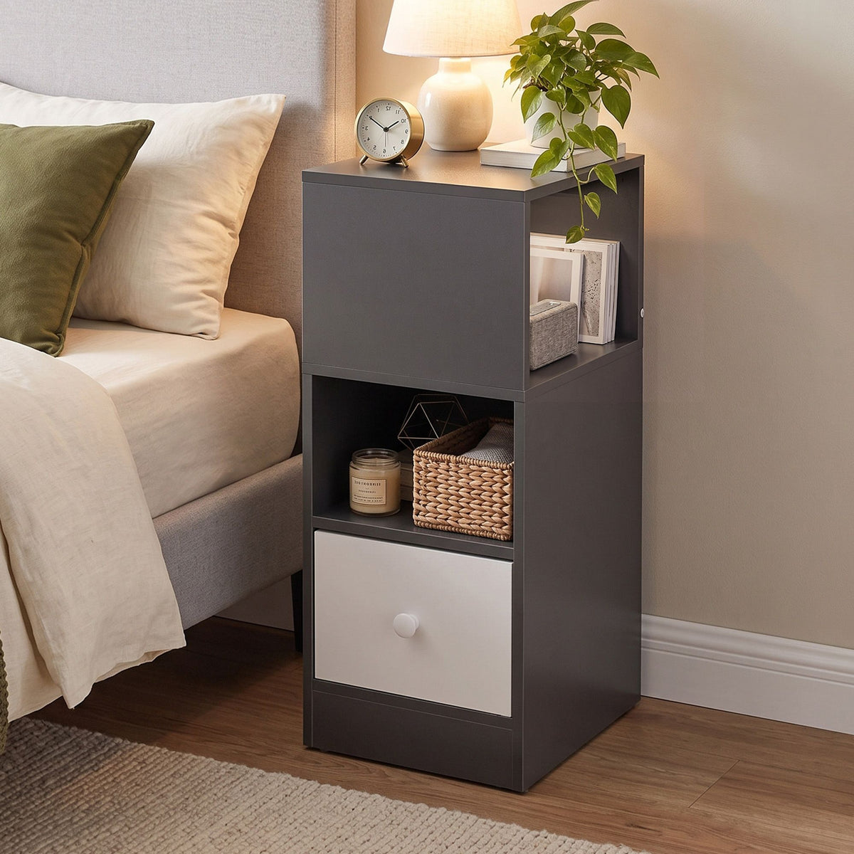 Artiss Narrow Bedside Table 25cm Slim Side Cabinet with Drawer & Shelves Grey
