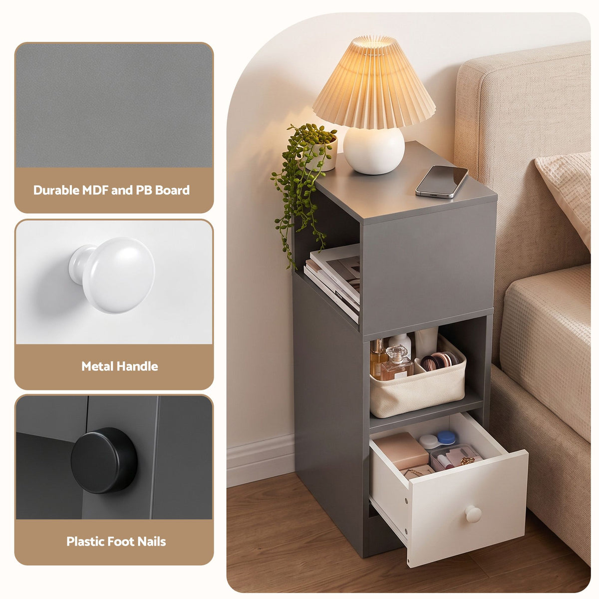 Artiss Narrow Bedside Table 25cm Slim Side Cabinet with Drawer & Shelves Grey