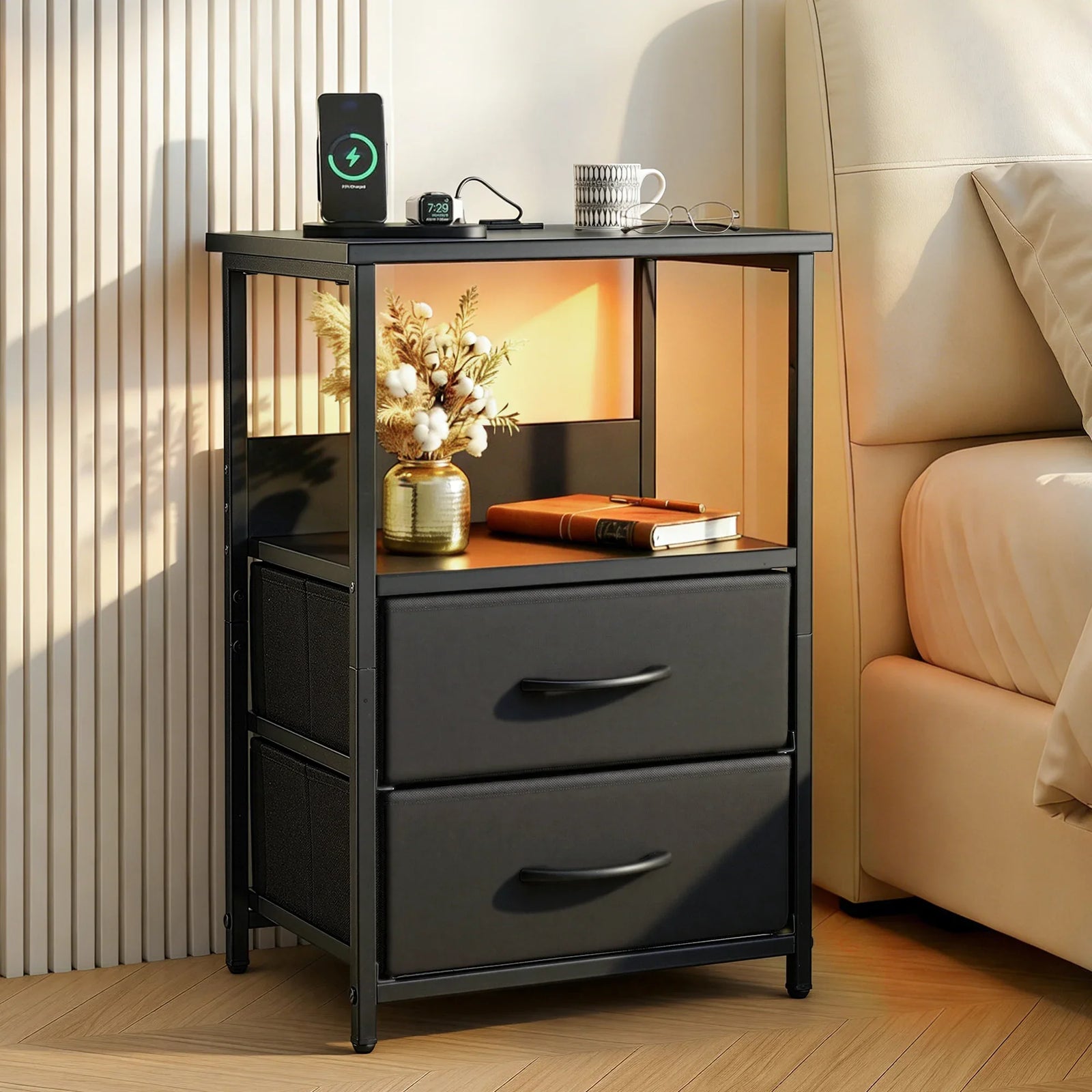 Smart LED Nightstand – Charging Station, Foldable Drawers, 40×30×60cm, Black