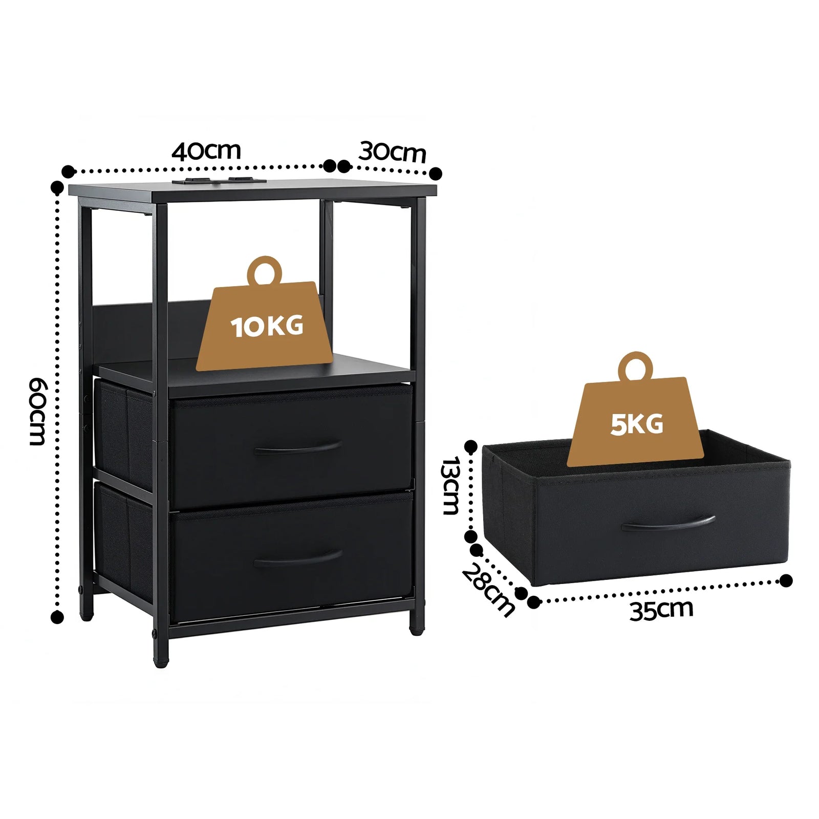 Smart LED Nightstand – Charging Station, Foldable Drawers, 40×30×60cm, Black