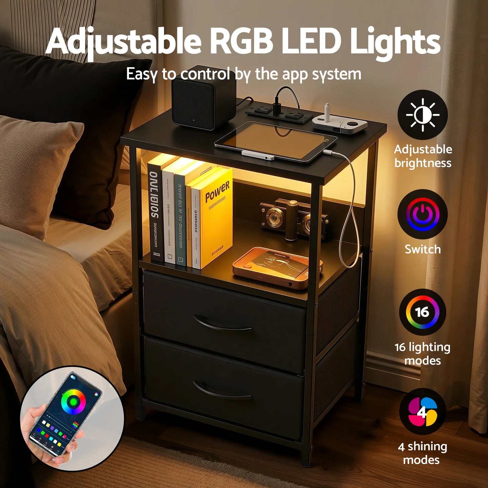 Smart LED Nightstand – Charging Station, Foldable Drawers, 40×30×60cm, Black