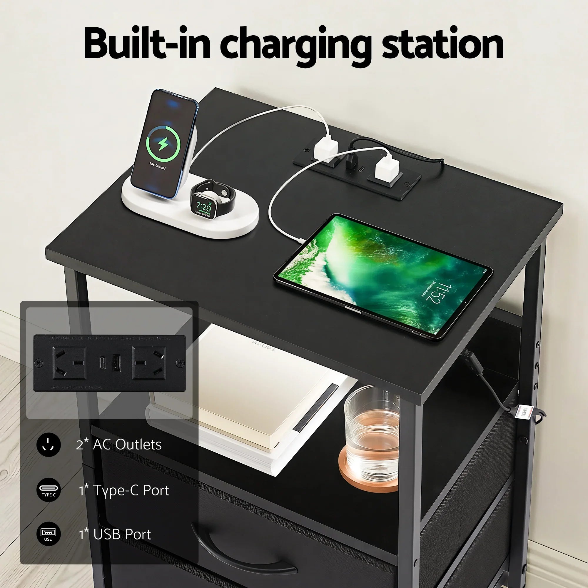 Smart LED Nightstand – Charging Station, Foldable Drawers, 40×30×60cm, Black