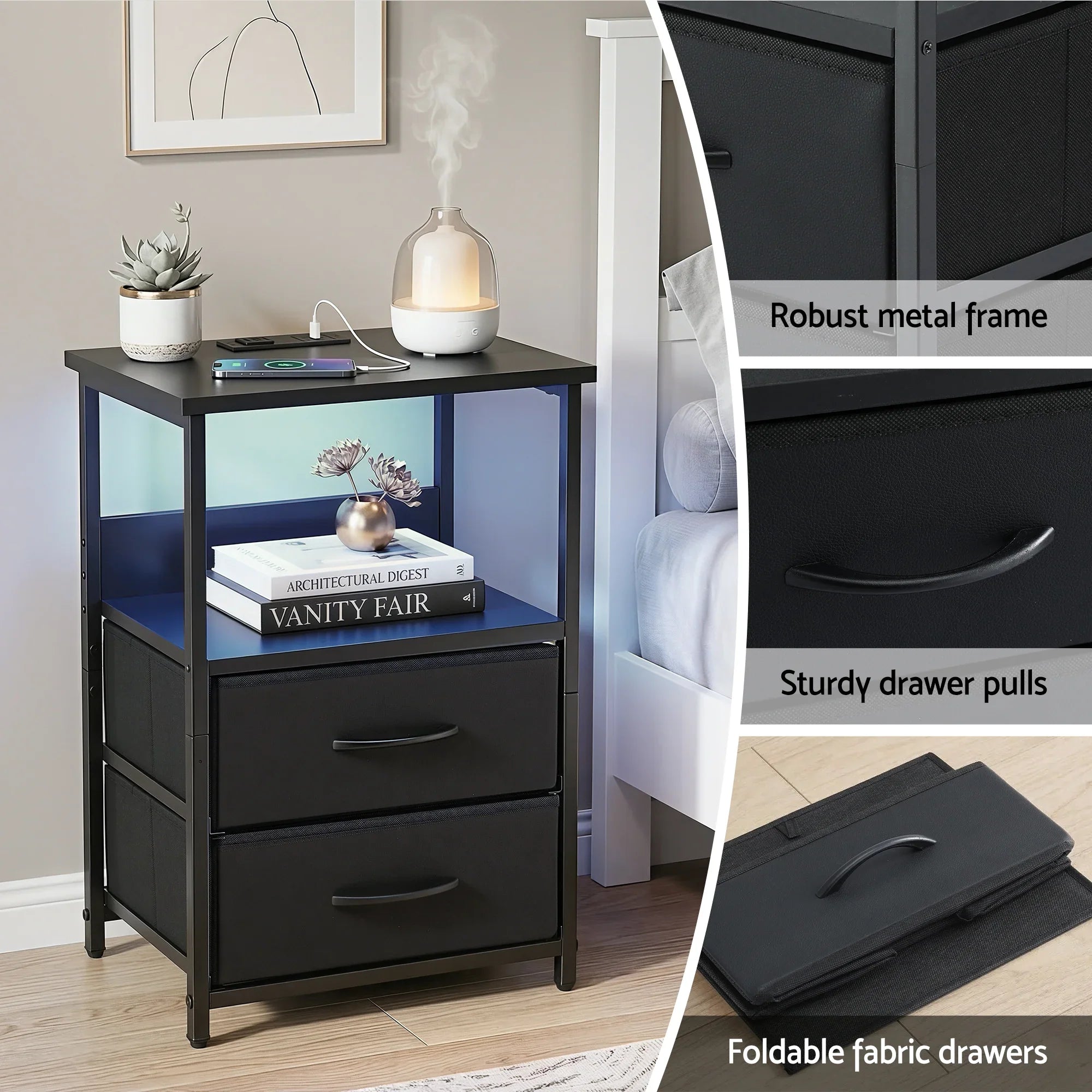 Smart LED Nightstand – Charging Station, Foldable Drawers, 40×30×60cm, Black