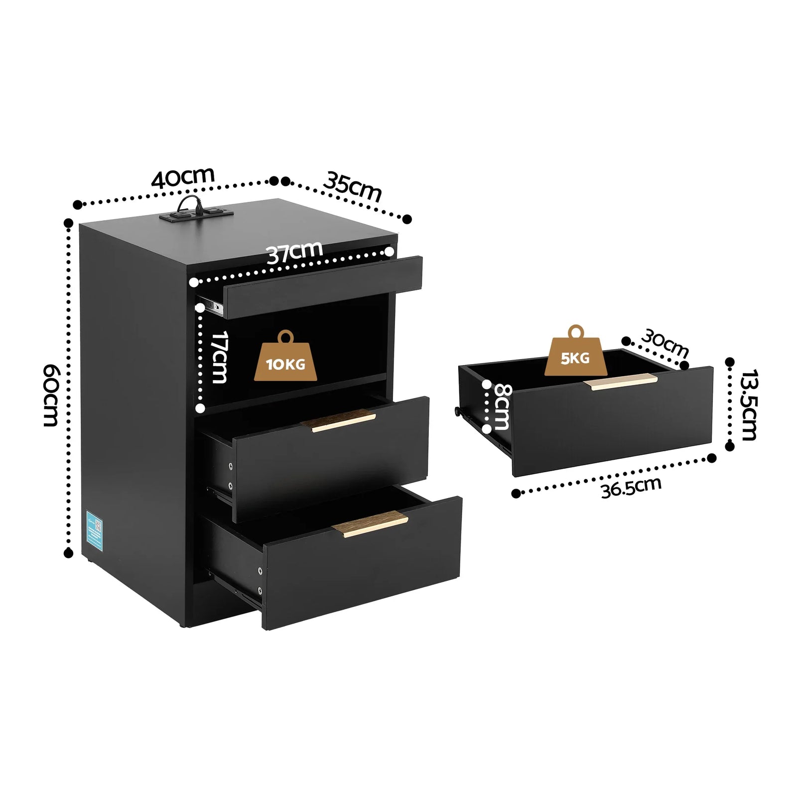 LED Bedside Table – Charging Station, 2 Drawers, Pull‑Out Tray, Black