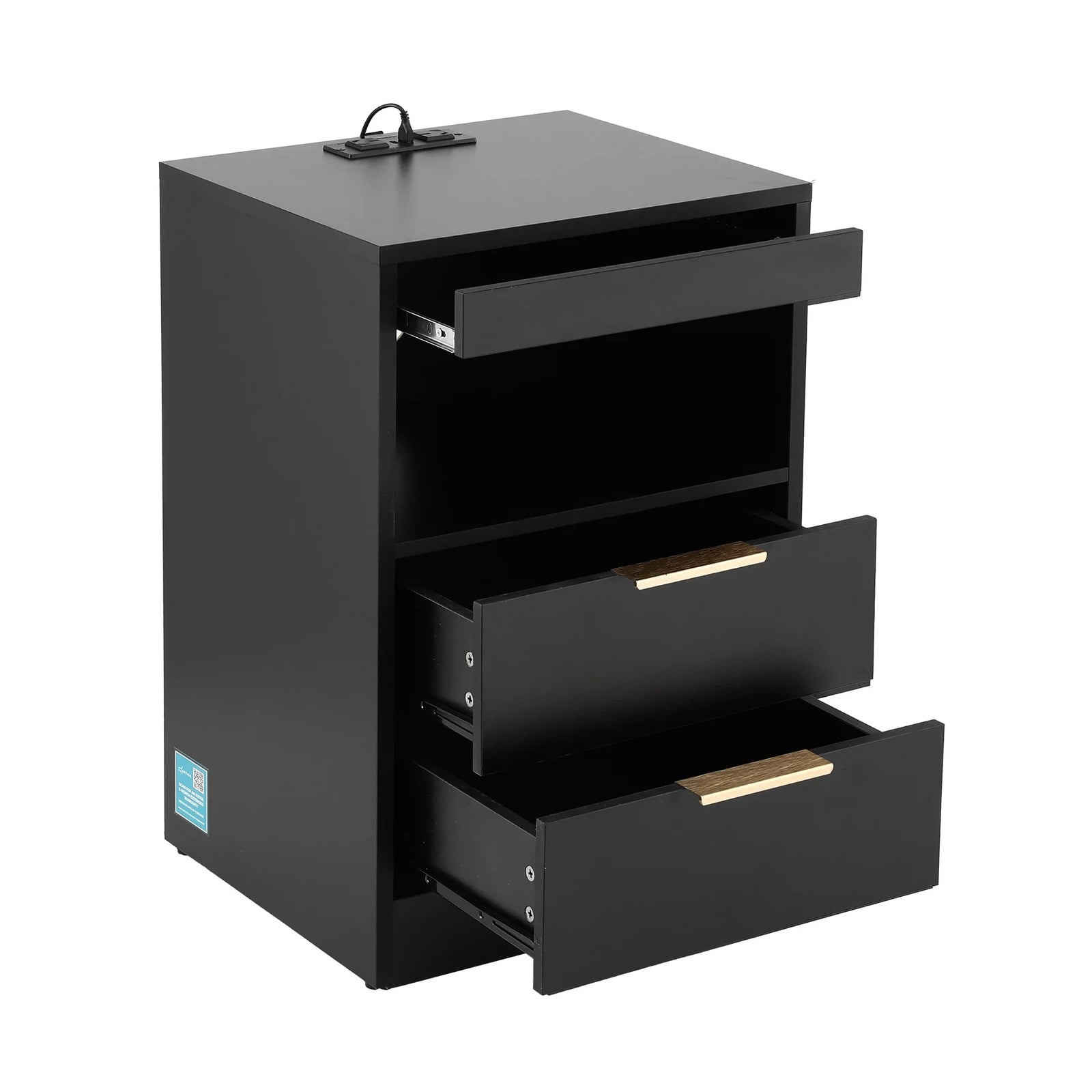 LED Bedside Table – Charging Station, 2 Drawers, Pull‑Out Tray, Black