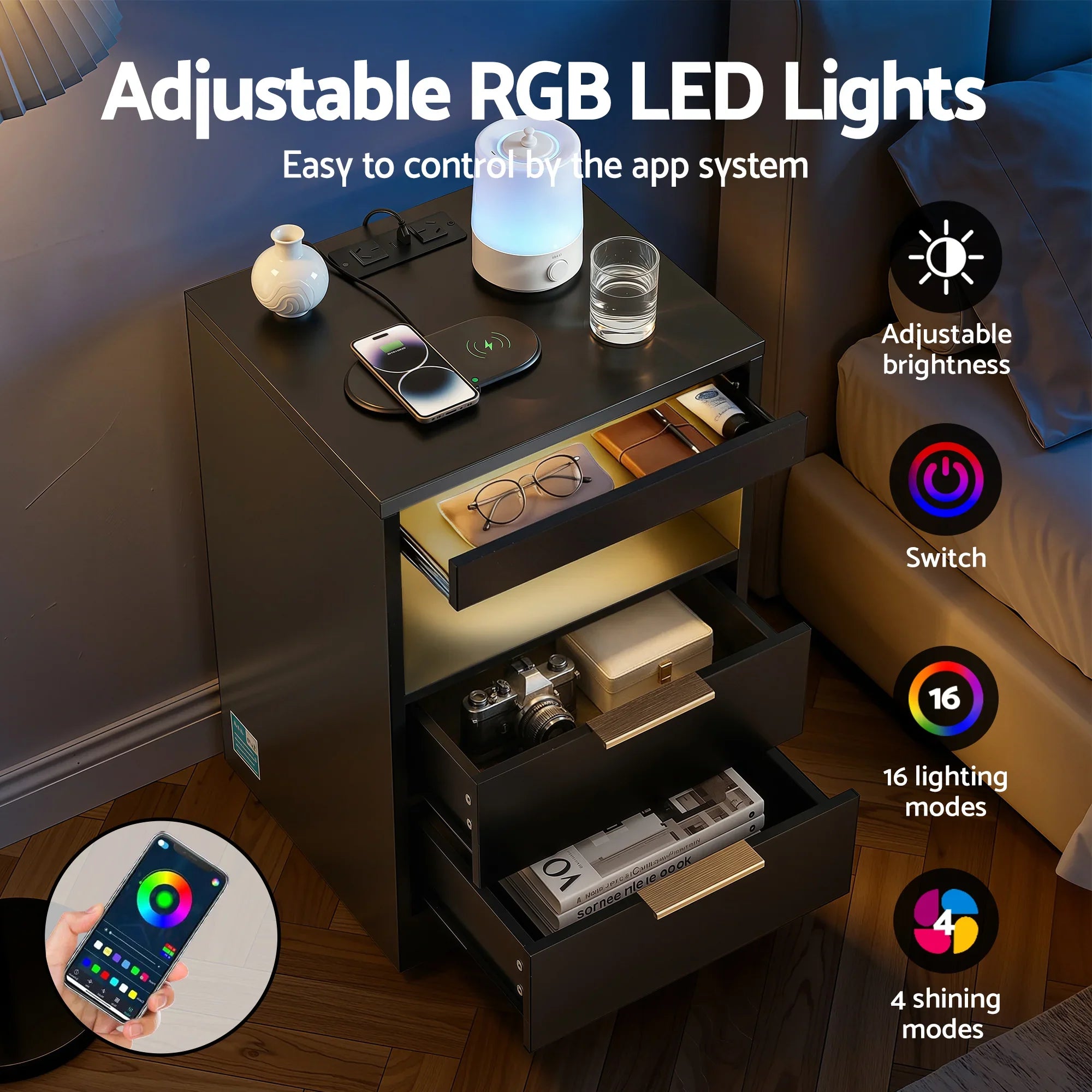 LED Bedside Table – Charging Station, 2 Drawers, Pull‑Out Tray, Black