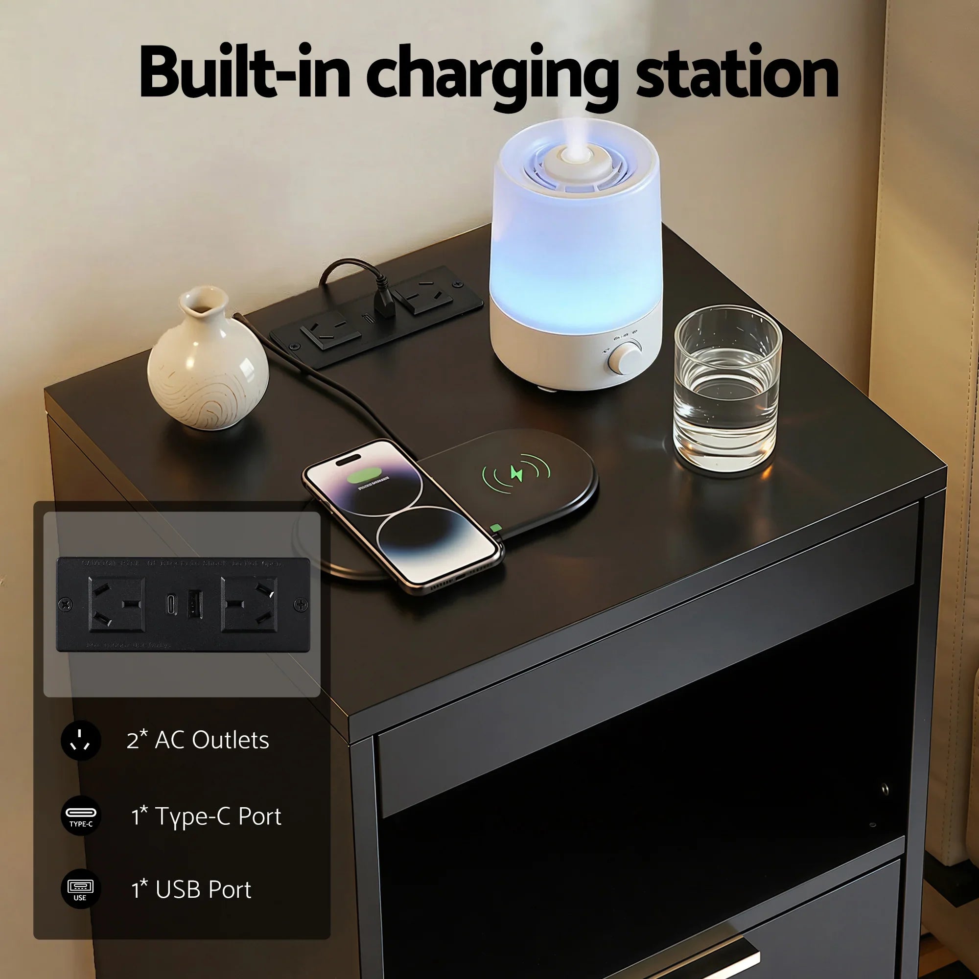 LED Bedside Table – Charging Station, 2 Drawers, Pull‑Out Tray, Black