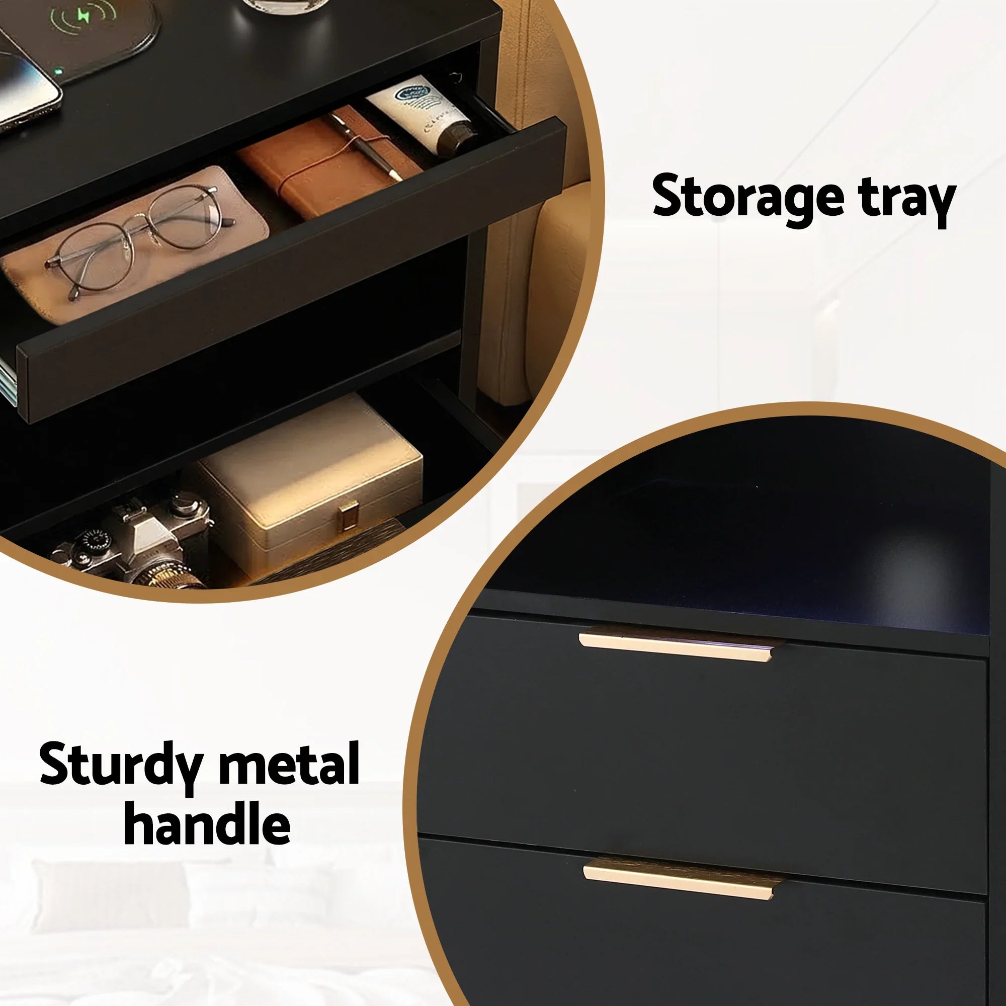 LED Bedside Table – Charging Station, 2 Drawers, Pull‑Out Tray, Black