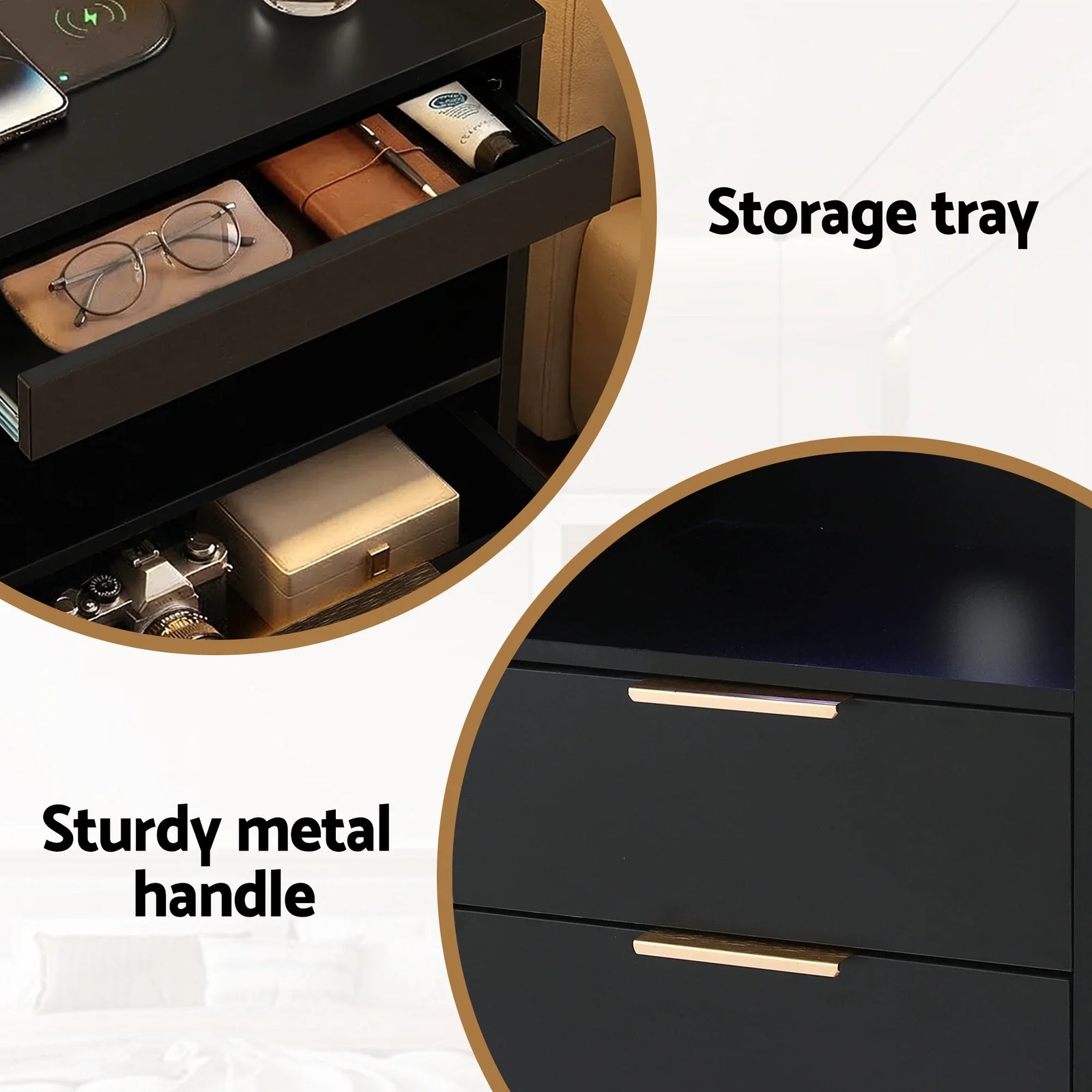 LED Bedside Table – Charging Station, 2 Drawers, Pull‑Out Tray, Black