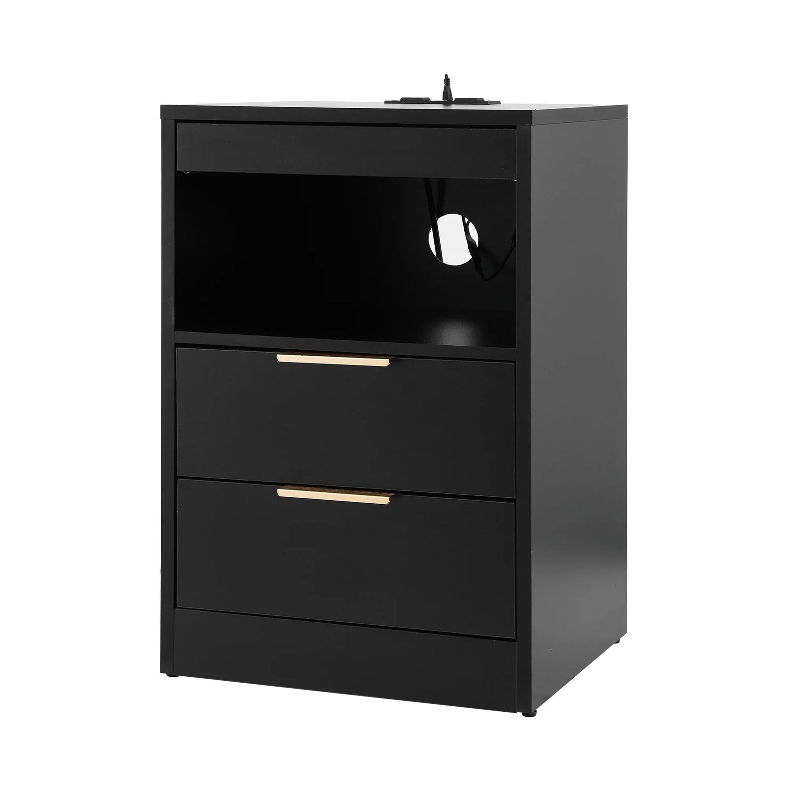 LED Bedside Table – Charging Station, 2 Drawers, Pull‑Out Tray, Black