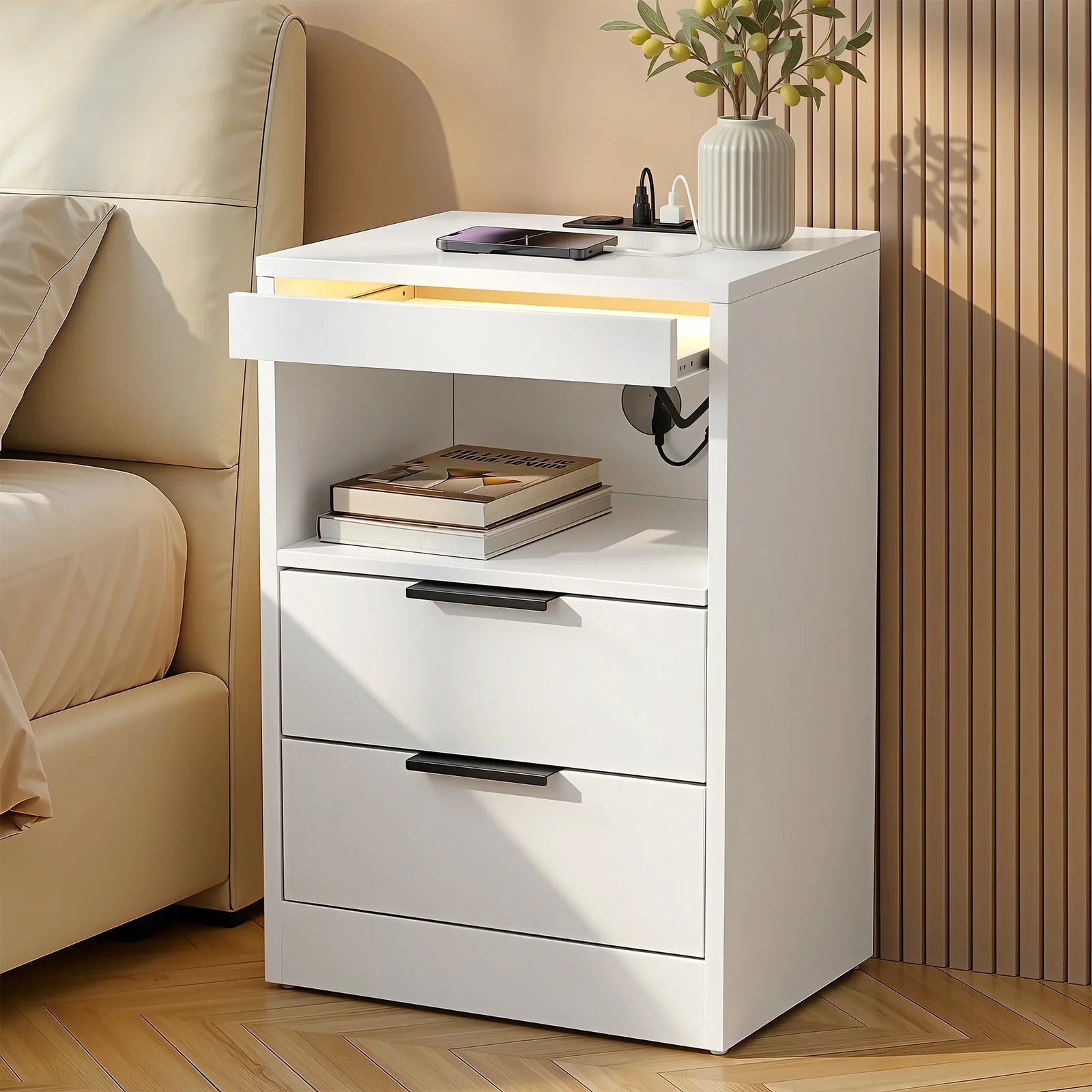 Bedside Table LED Nightstand Charging Station 2 Drawers - White