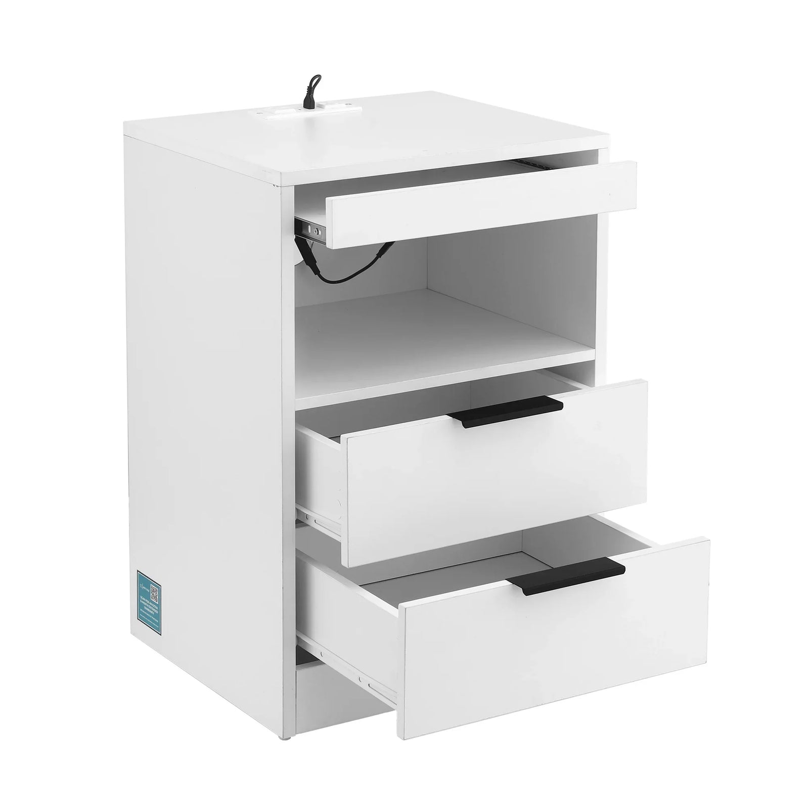 Bedside Table LED Nightstand Charging Station 2 Drawers - White