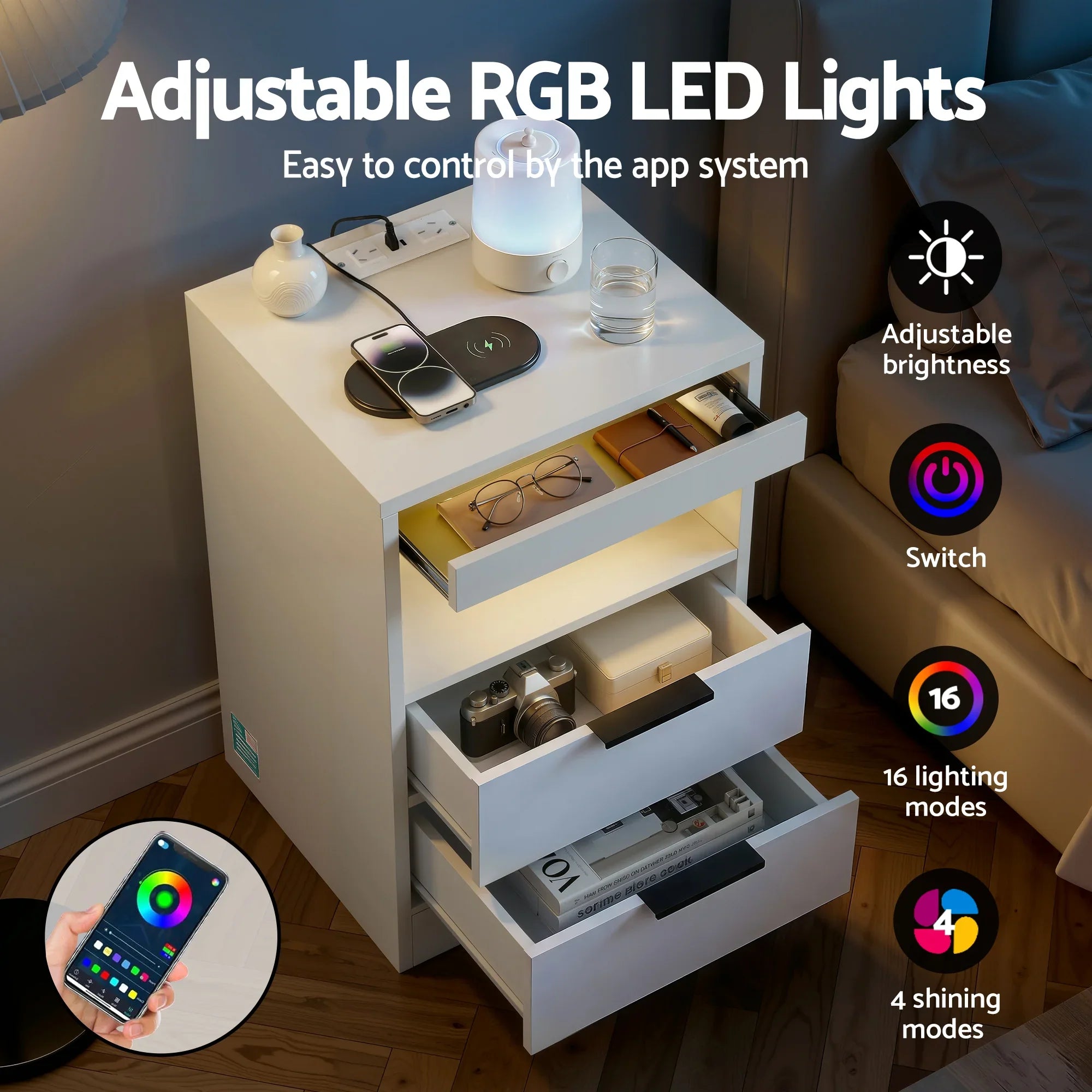 Bedside Table LED Nightstand Charging Station 2 Drawers - White