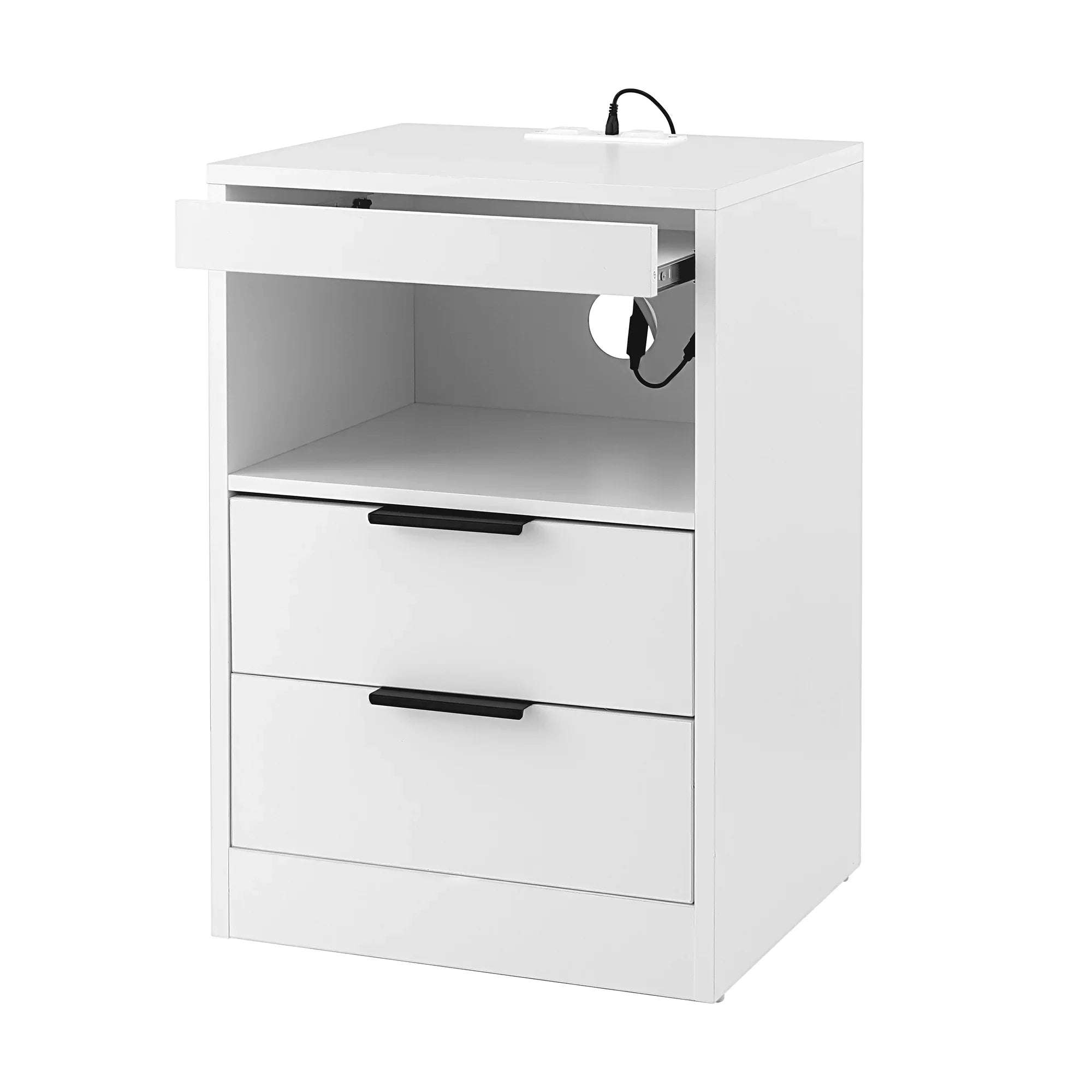 Bedside Table LED Nightstand Charging Station 2 Drawers - White