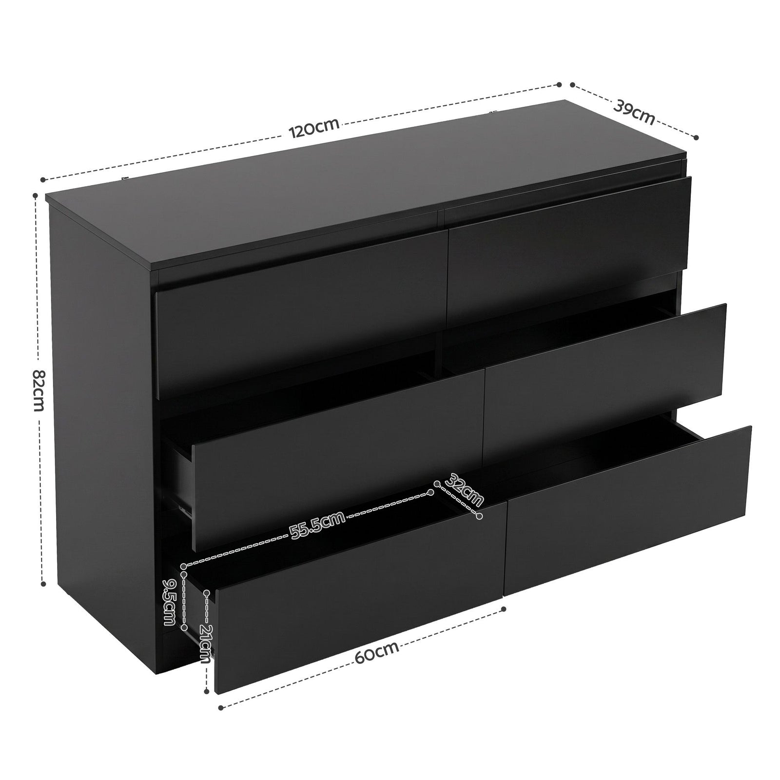 6‑Drawer Chest of Drawers – Black, 120×39×82cm, Groove Handles, Melamine