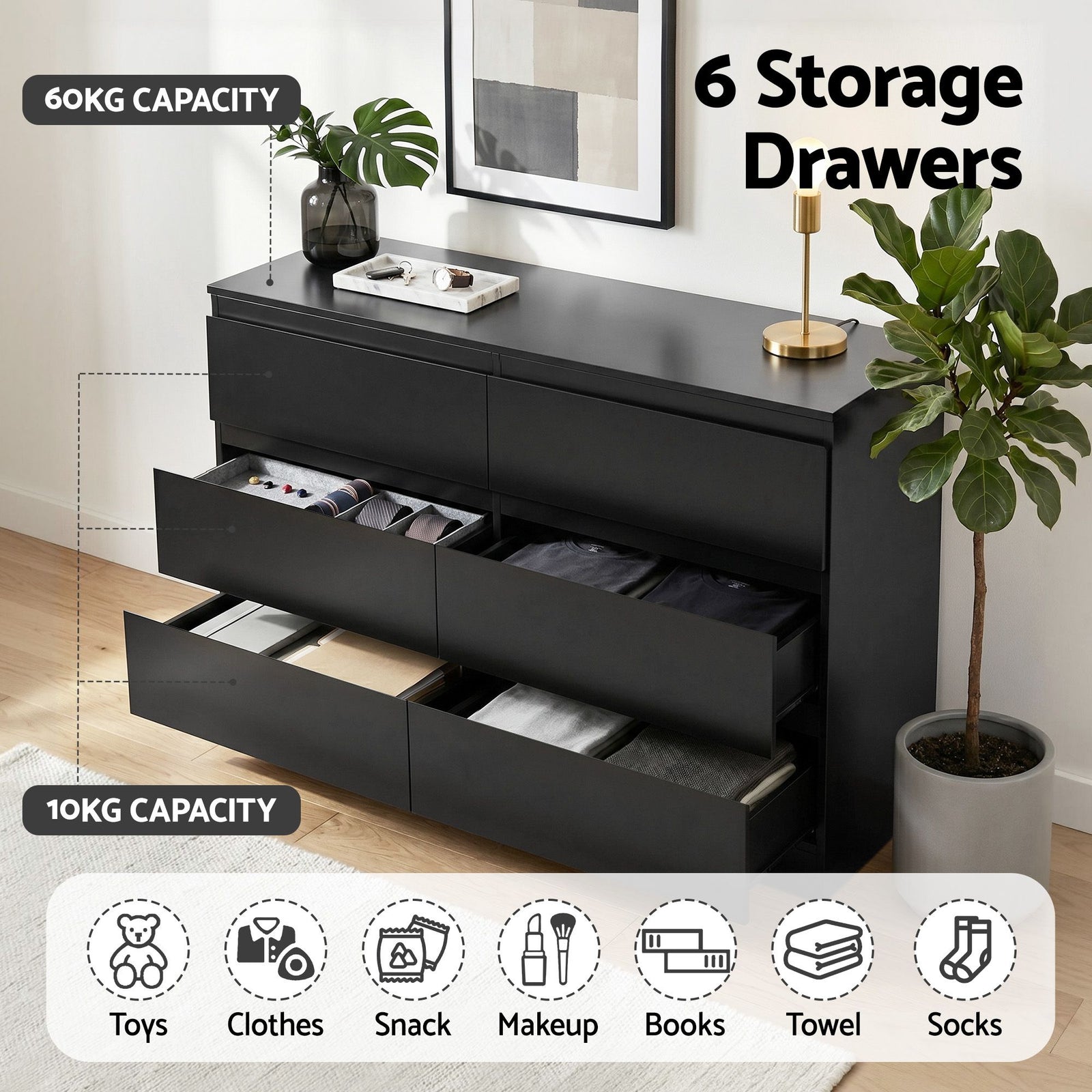 6‑Drawer Chest of Drawers – Black, 120×39×82cm, Groove Handles, Melamine