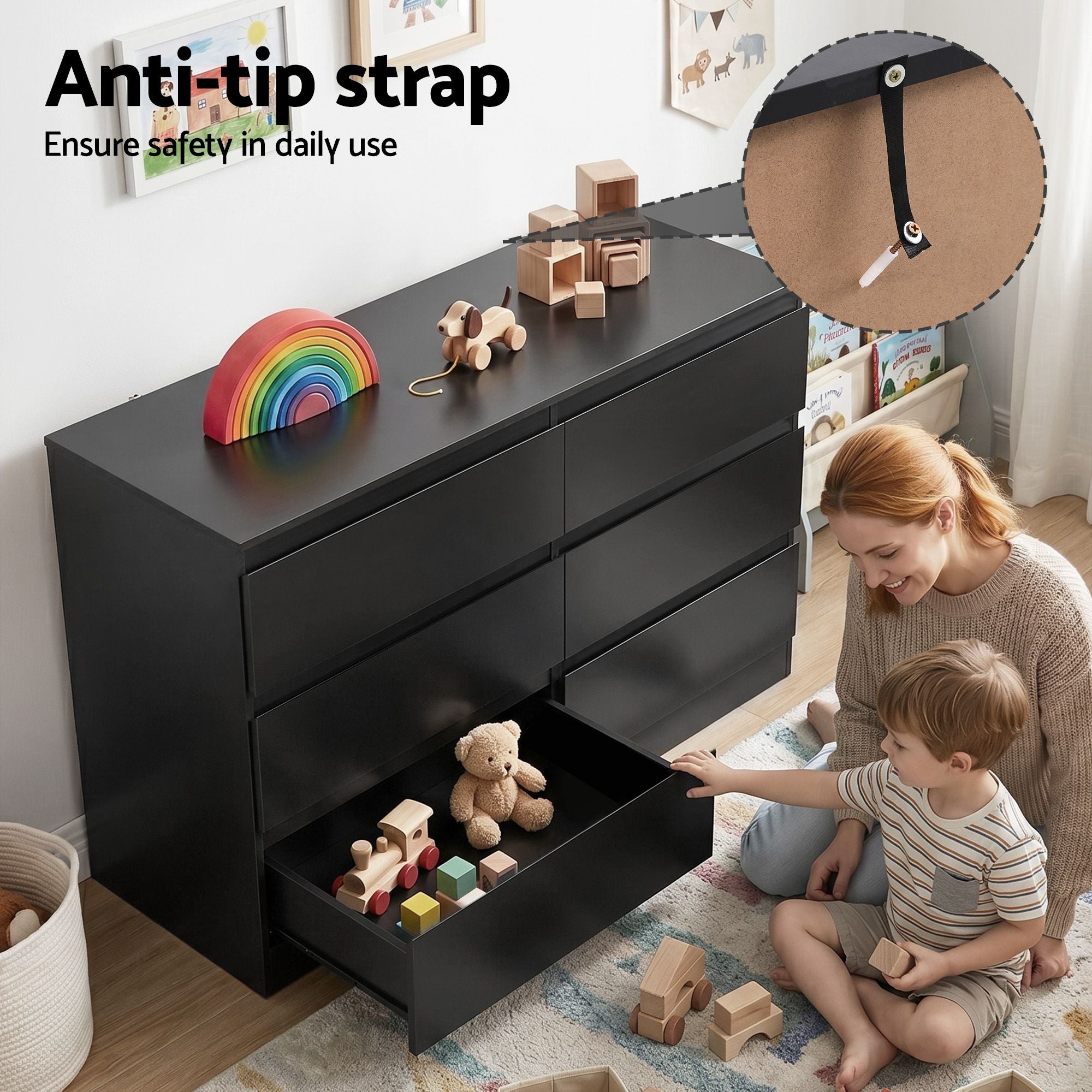 6‑Drawer Chest of Drawers – Black, 120×39×82cm, Groove Handles, Melamine