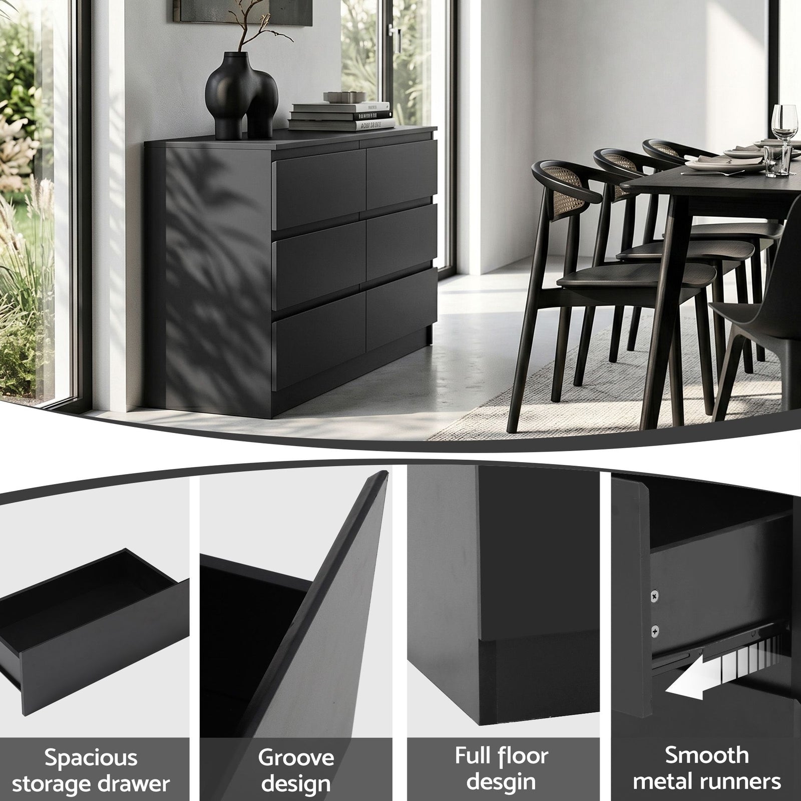 6‑Drawer Chest of Drawers – Black, 120×39×82cm, Groove Handles, Melamine