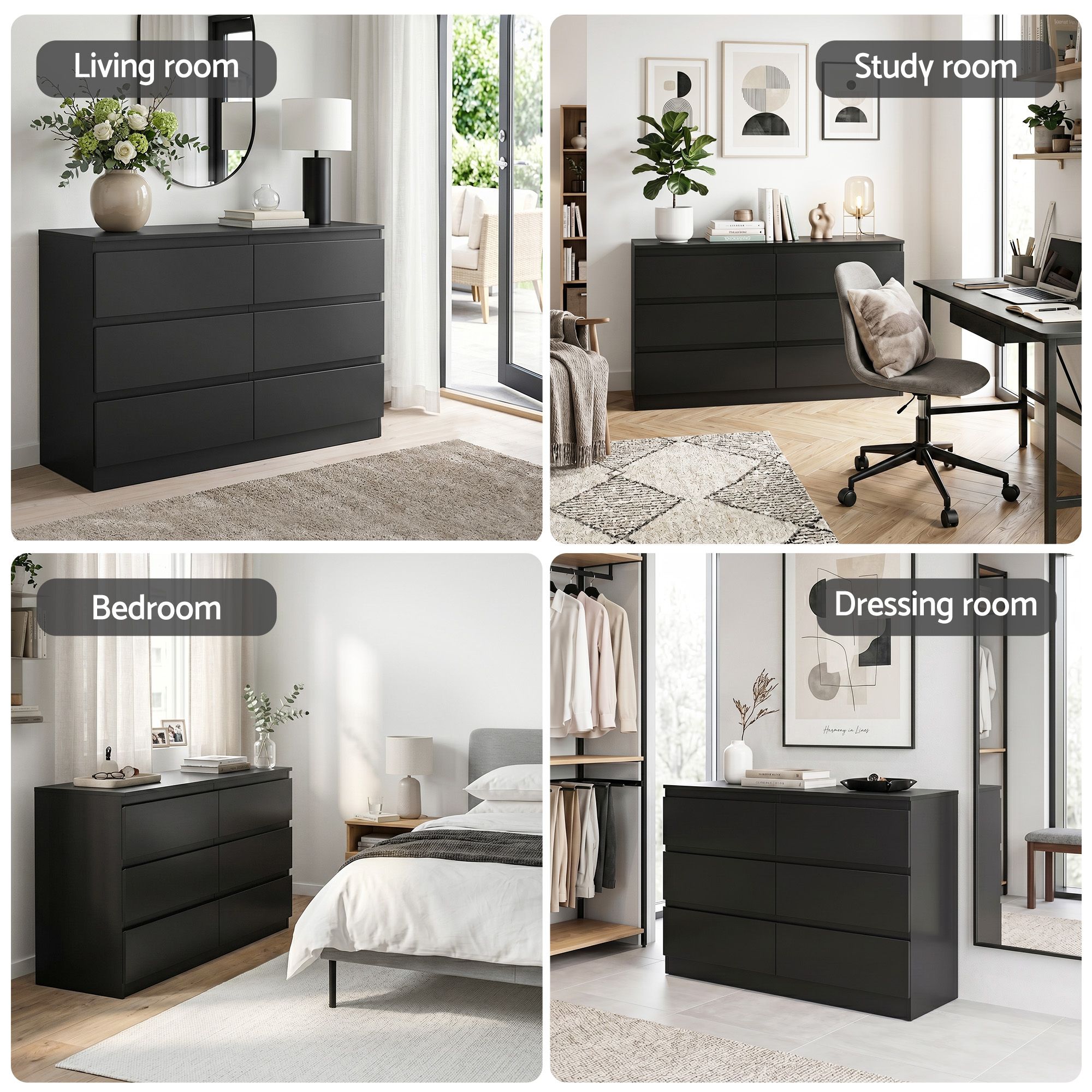 6‑Drawer Chest of Drawers – Black, 120×39×82cm, Groove Handles, Melamine