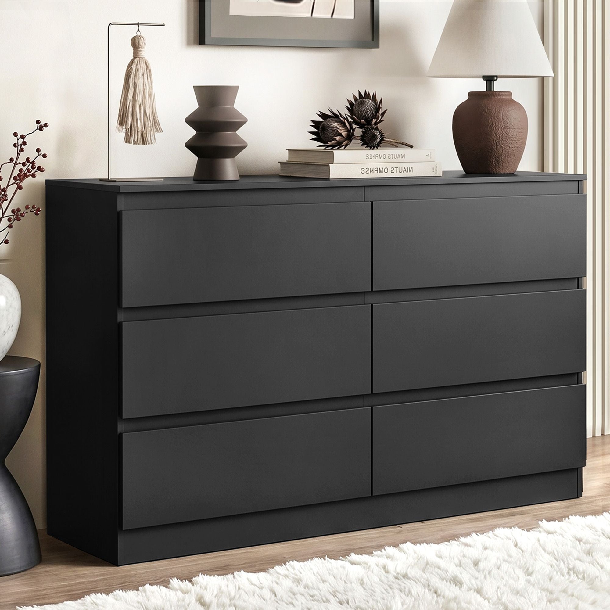 6‑Drawer Chest of Drawers – Black, 120×39×82cm, Groove Handles, Melamine
