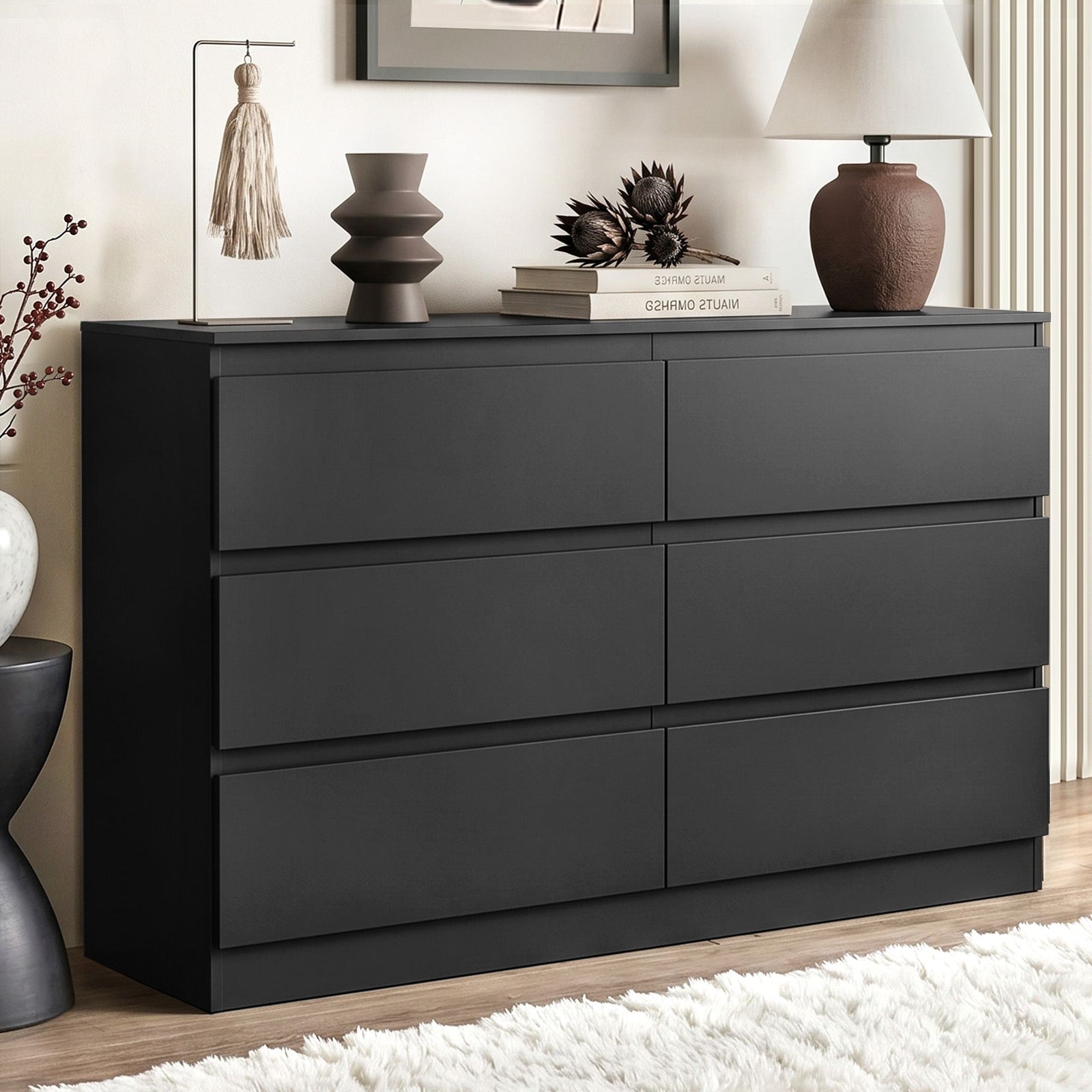 6‑Drawer Chest of Drawers – Black, 120×39×82cm, Groove Handles, Melamine