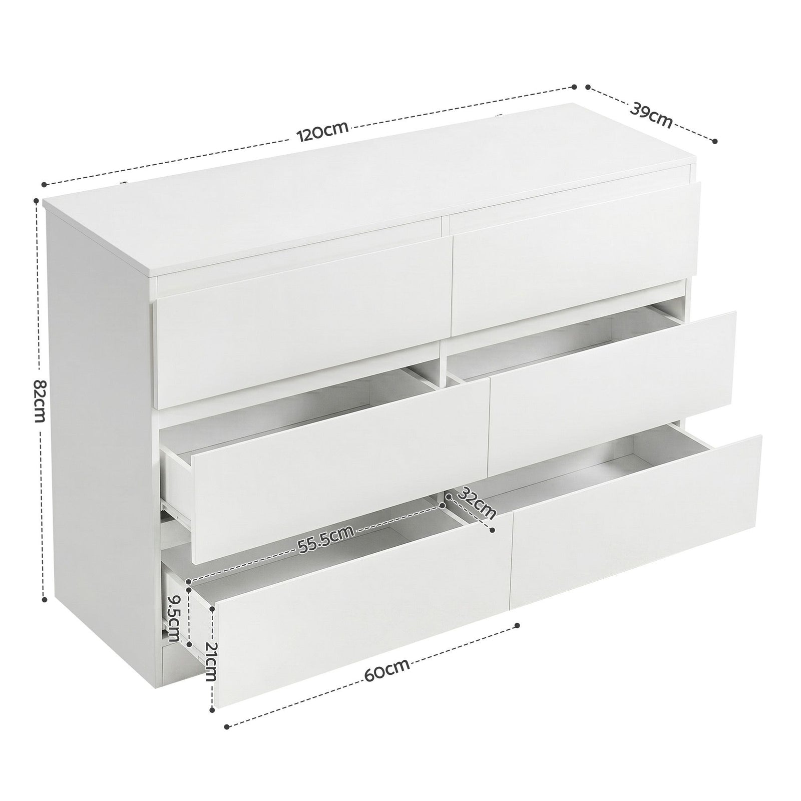 6‑Drawer Chest of Drawers – White, 120×39×82cm, Groove Handles, Melamine