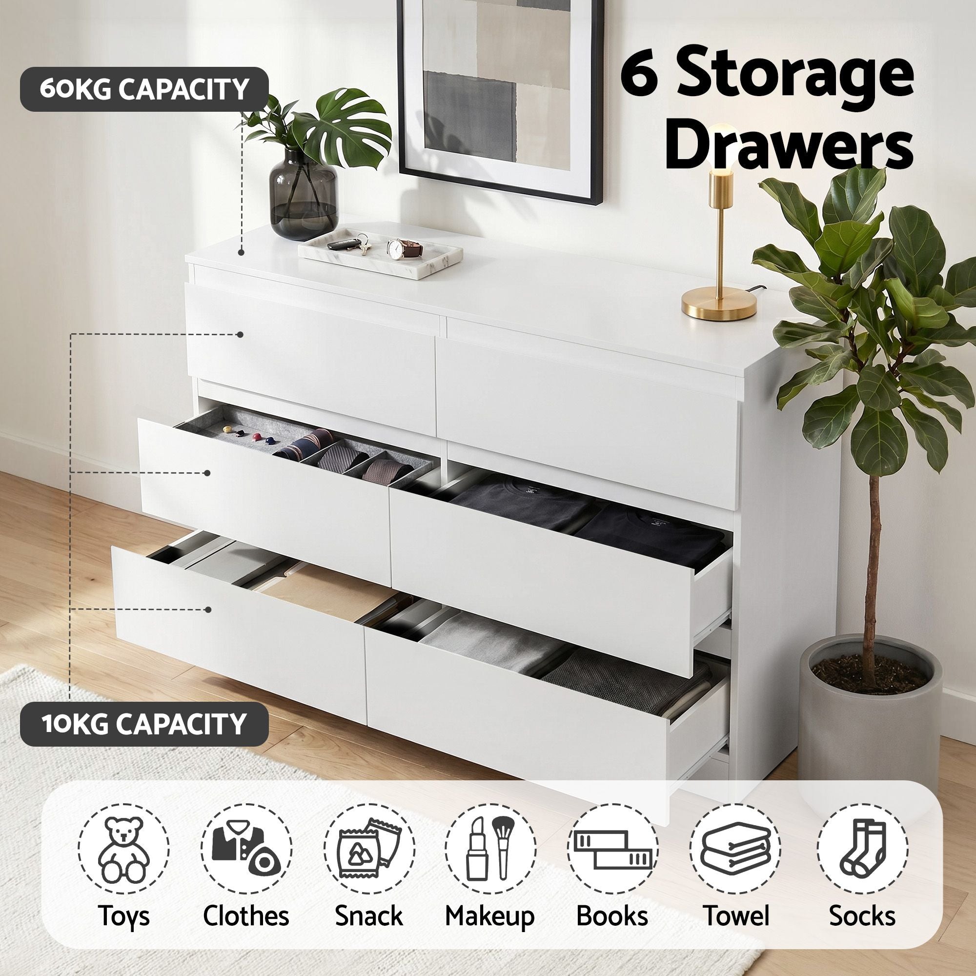 6‑Drawer Chest of Drawers – White, 120×39×82cm, Groove Handles, Melamine