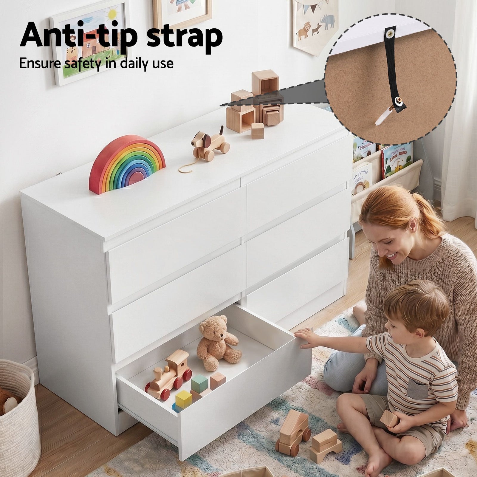 6‑Drawer Chest of Drawers – White, 120×39×82cm, Groove Handles, Melamine