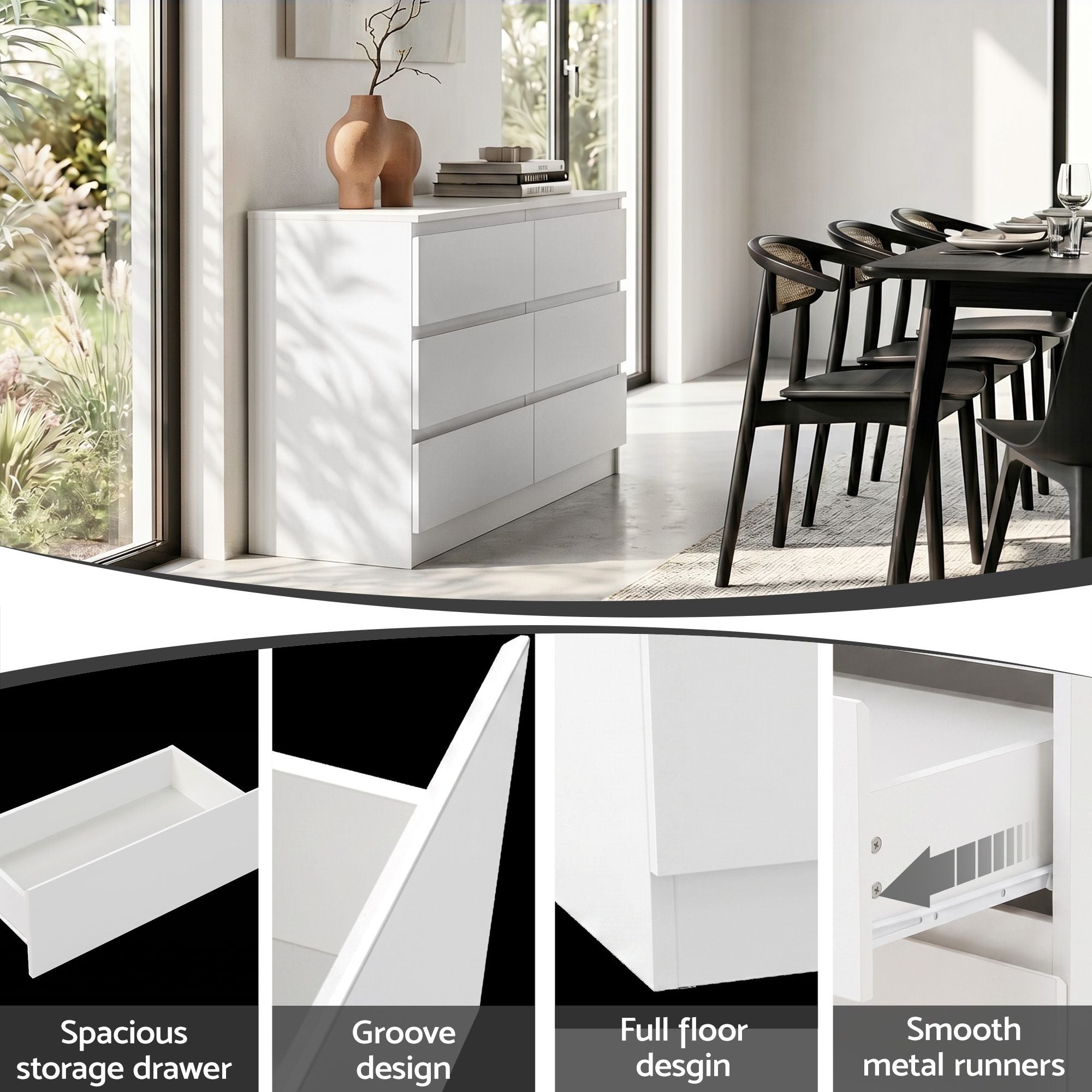 6‑Drawer Chest of Drawers – White, 120×39×82cm, Groove Handles, Melamine