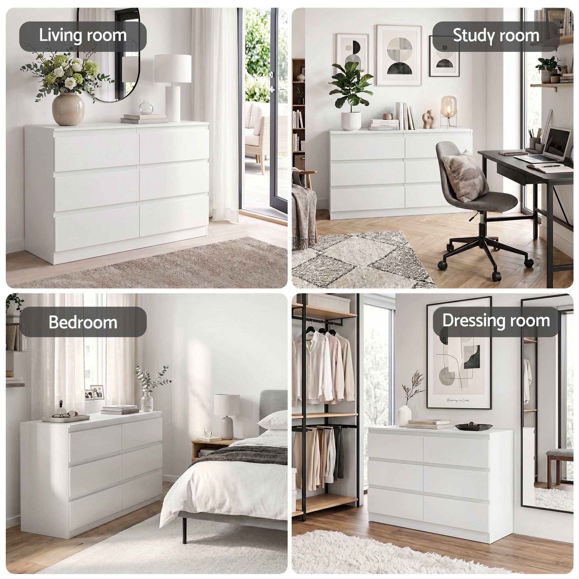 6‑Drawer Chest of Drawers – White, 120×39×82cm, Groove Handles, Melamine