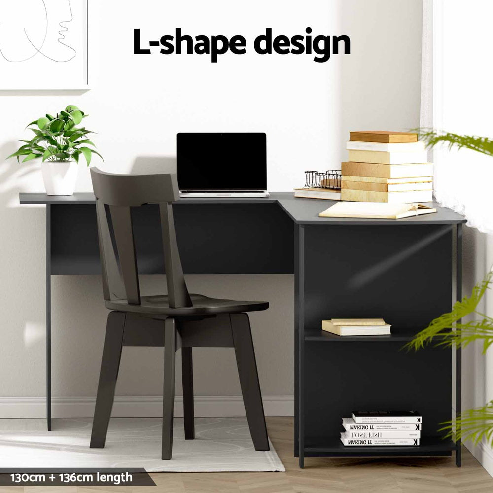 Artiss Computer Desk Shelf L-Shape Black 136CM