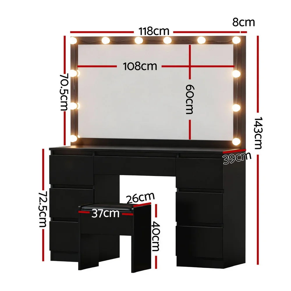 Dressing Table Vanity Desk Set Stool 12 Led Bulbs Black