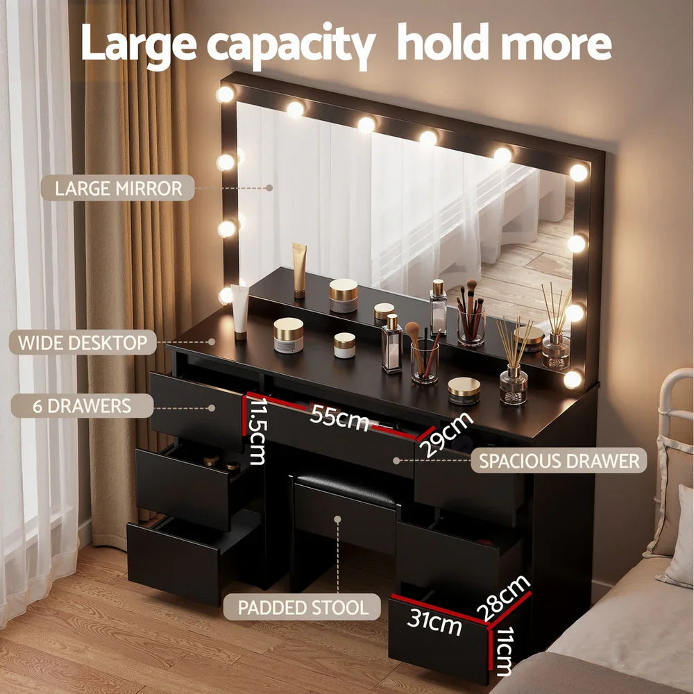 Dressing Table Vanity Desk Set Stool 12 Led Bulbs Black