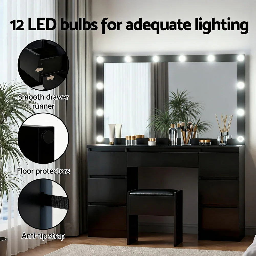 Dressing Table Vanity Desk Set Stool 12 Led Bulbs Black