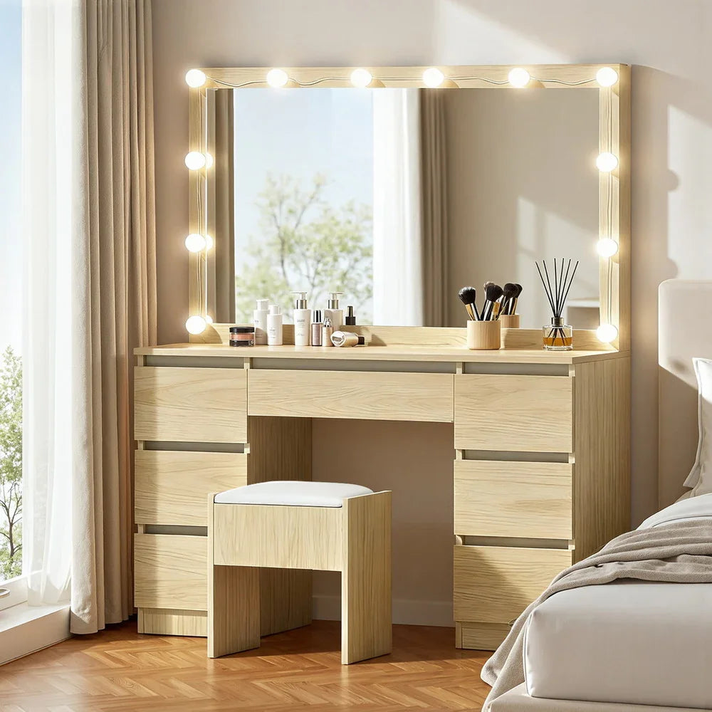 Dressing Table Vanity Set – 12‑LED Makeup Desk with Stool, 7 Drawers Wood