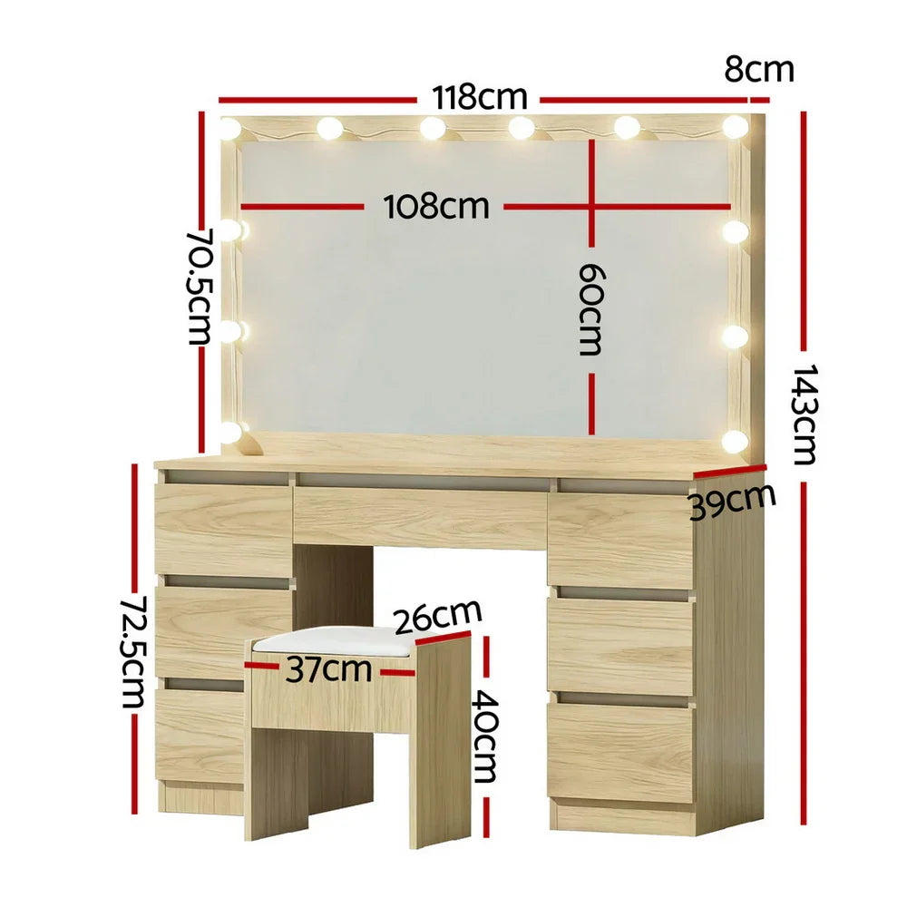 Dressing Table Vanity Set – 12‑LED Makeup Desk with Stool, 7 Drawers Wood