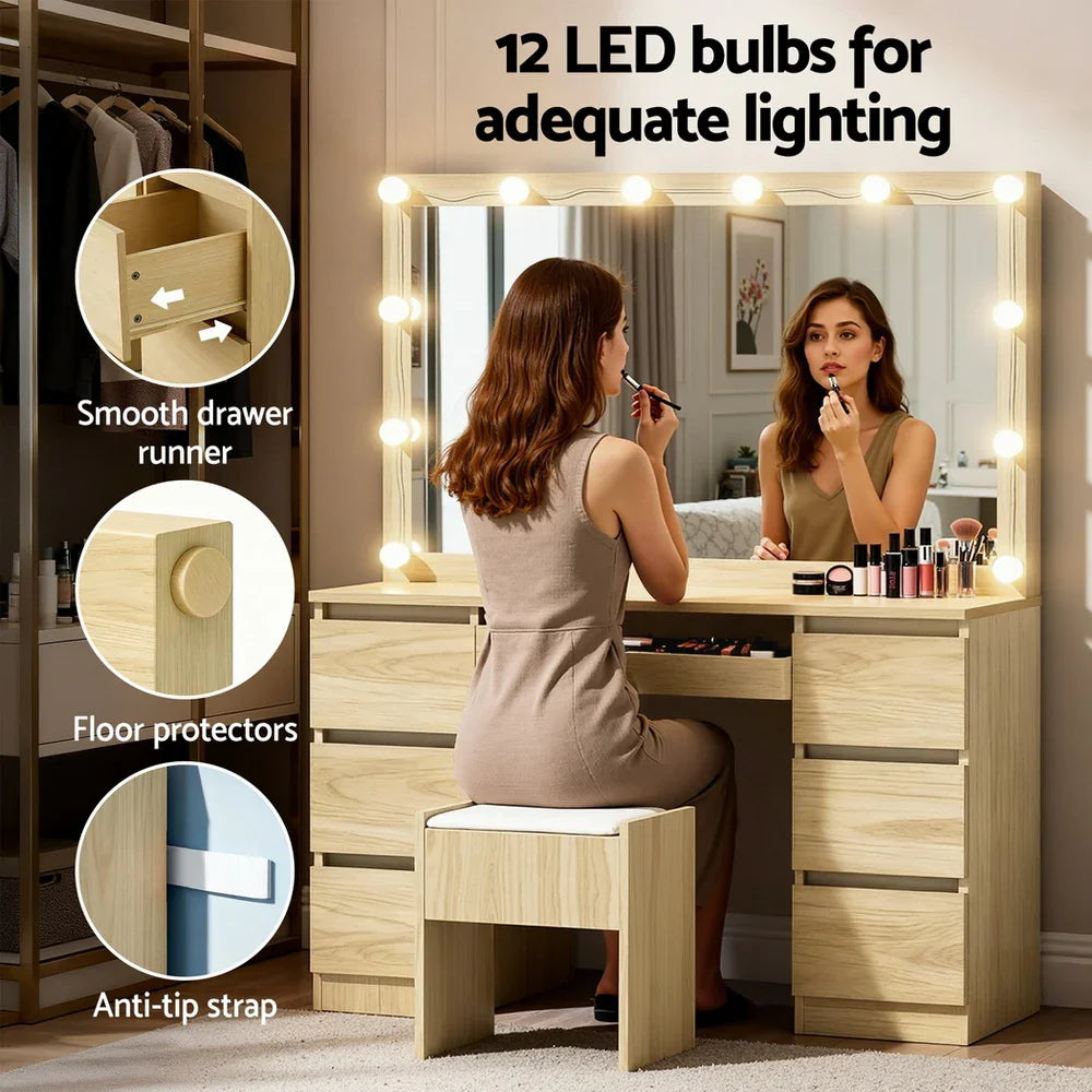 Dressing Table Vanity Set – 12‑LED Makeup Desk with Stool, 7 Drawers Wood