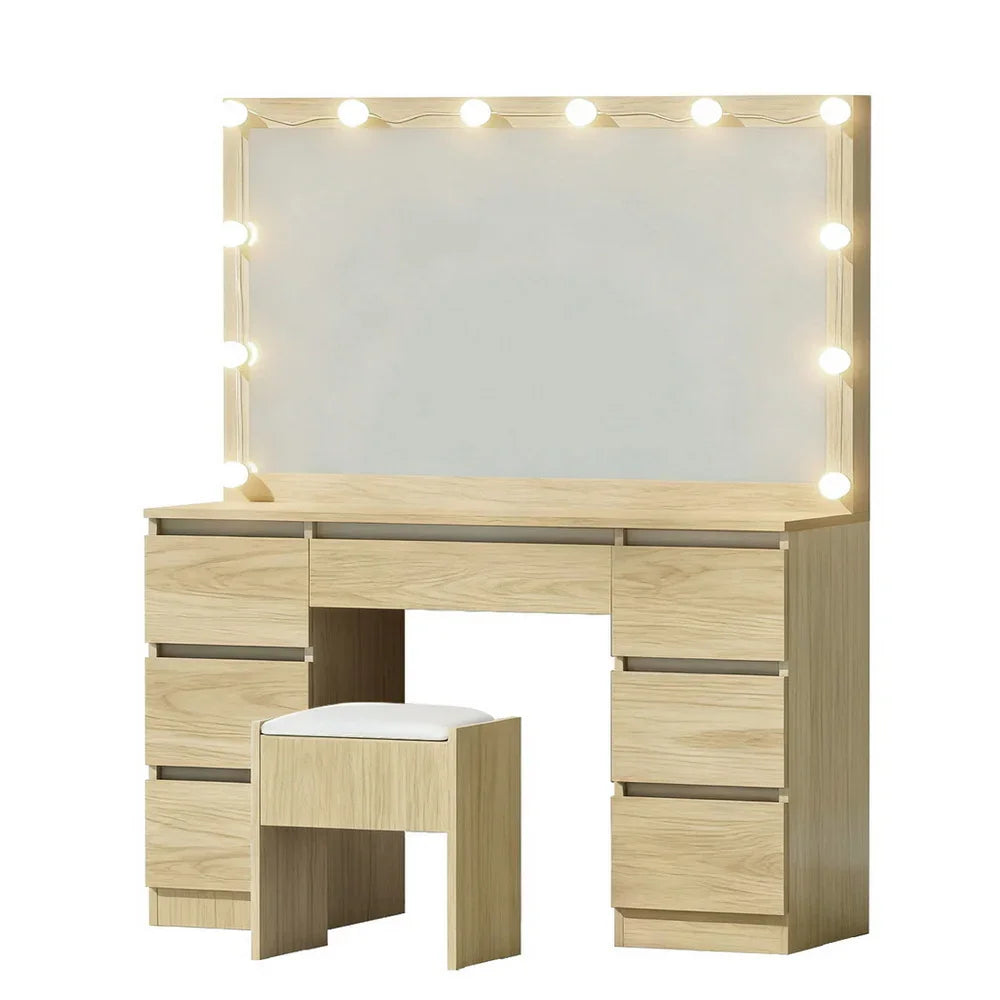 Dressing Table Vanity Set – 12‑LED Makeup Desk with Stool, 7 Drawers Wood